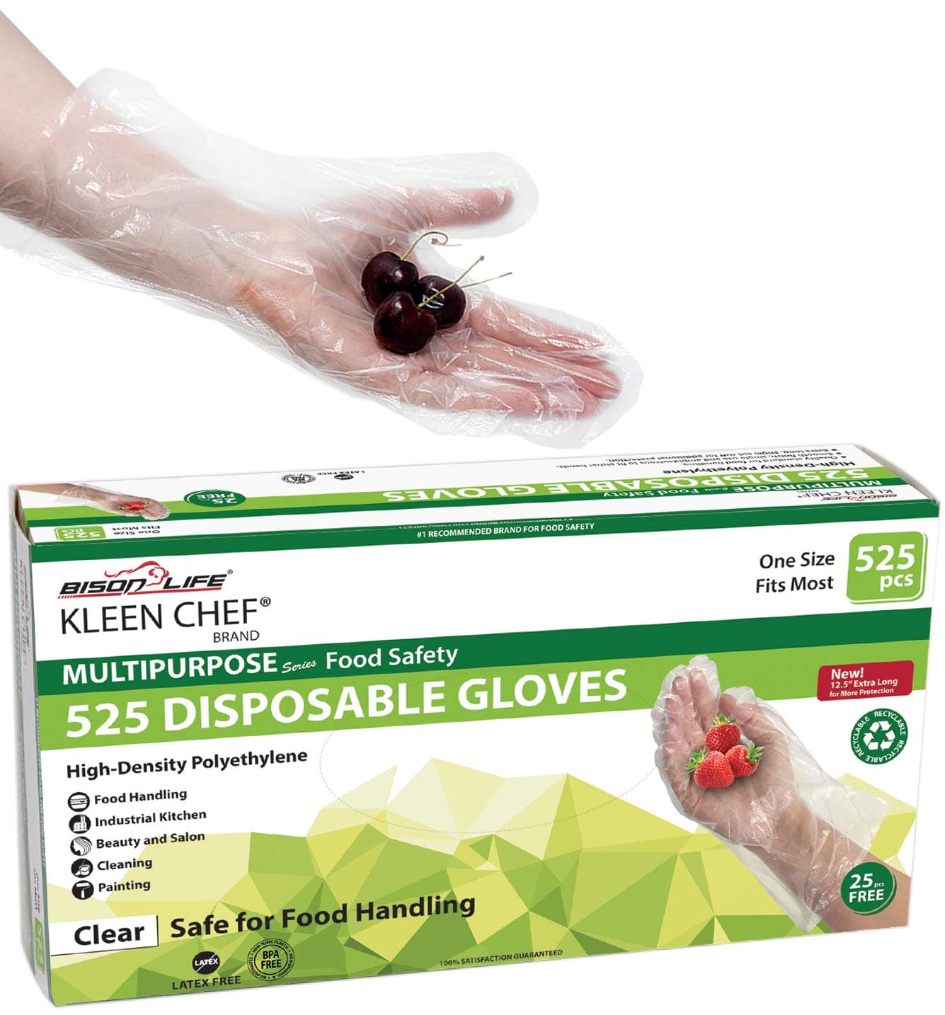 KLEEN CHEF Disposable Food Handling Long Cuff Poly Gloves | One Size Fits Most, 525 per box (1 box)