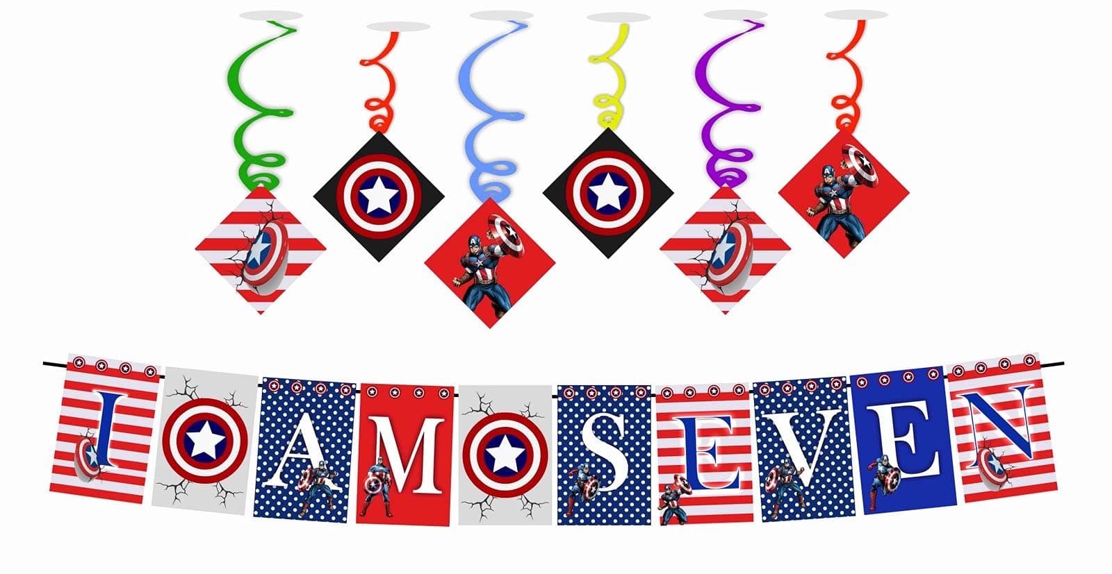 Balloonistics Captain America Theme Birthday Decoration Hanging and Banner for Photo Shoot Backdrop and Theme Party (7th Birthday Banner + 6 Swirls)