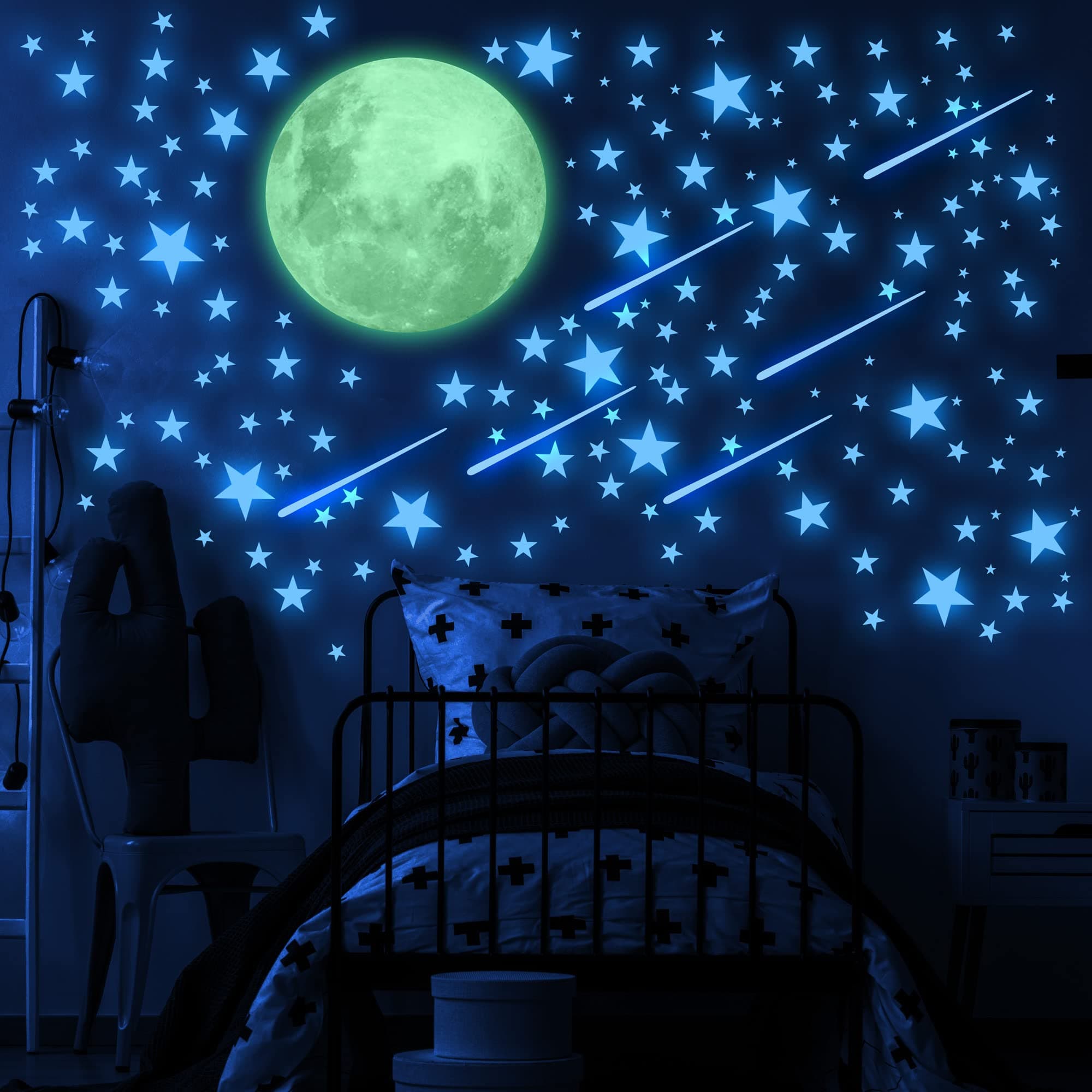 Glow in The Dark Stars and Moon for Ceiling, Luminous Stars and Moon Wall Decal, Blue