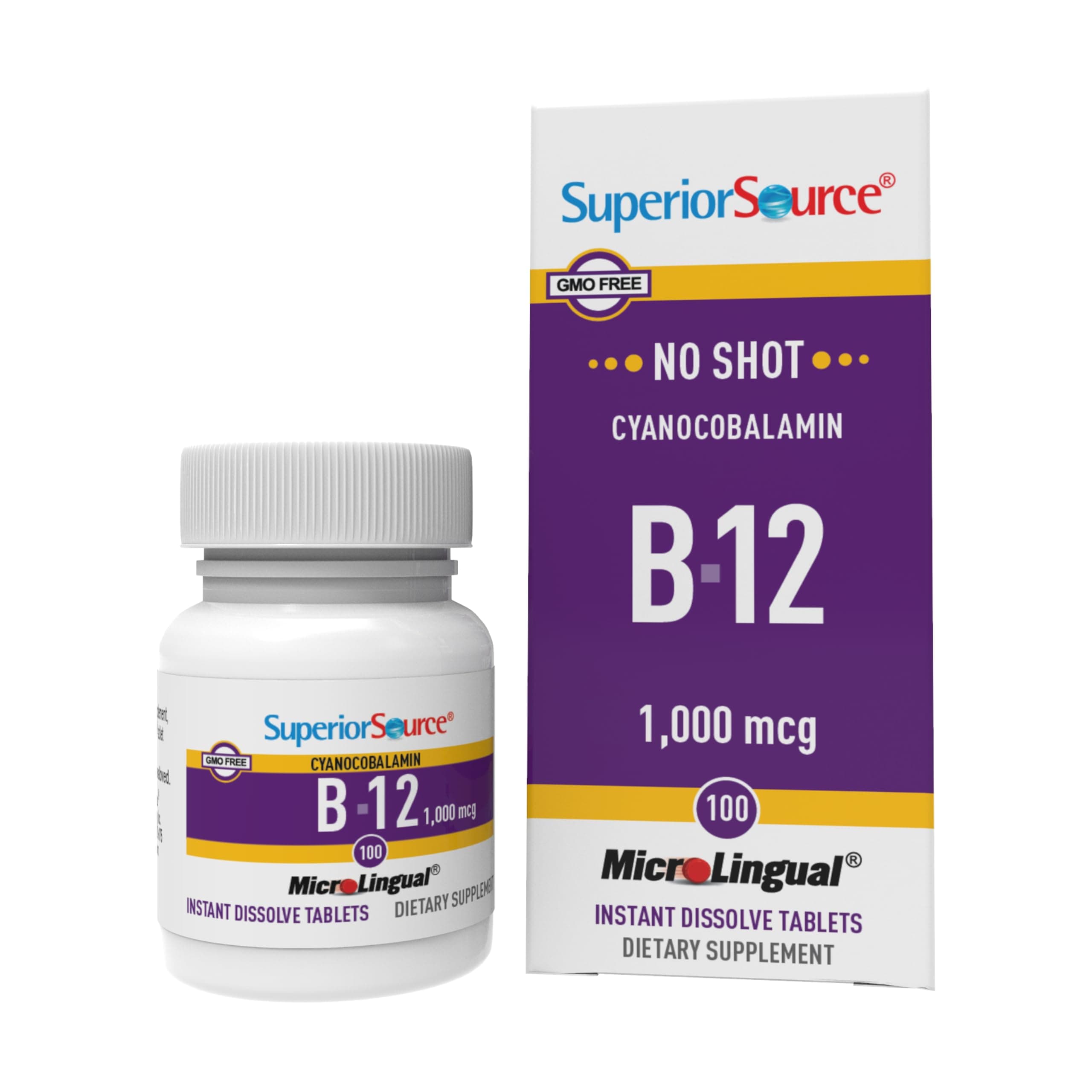 Superior Source No Shot Vitamin B-12 Cyanocobalamin 1000 mcg - Vitamin B-12 to Support Energy Production, Brain Health & Overall Wellness - Sublingual Tablets - 100 Dissolvable Tablets