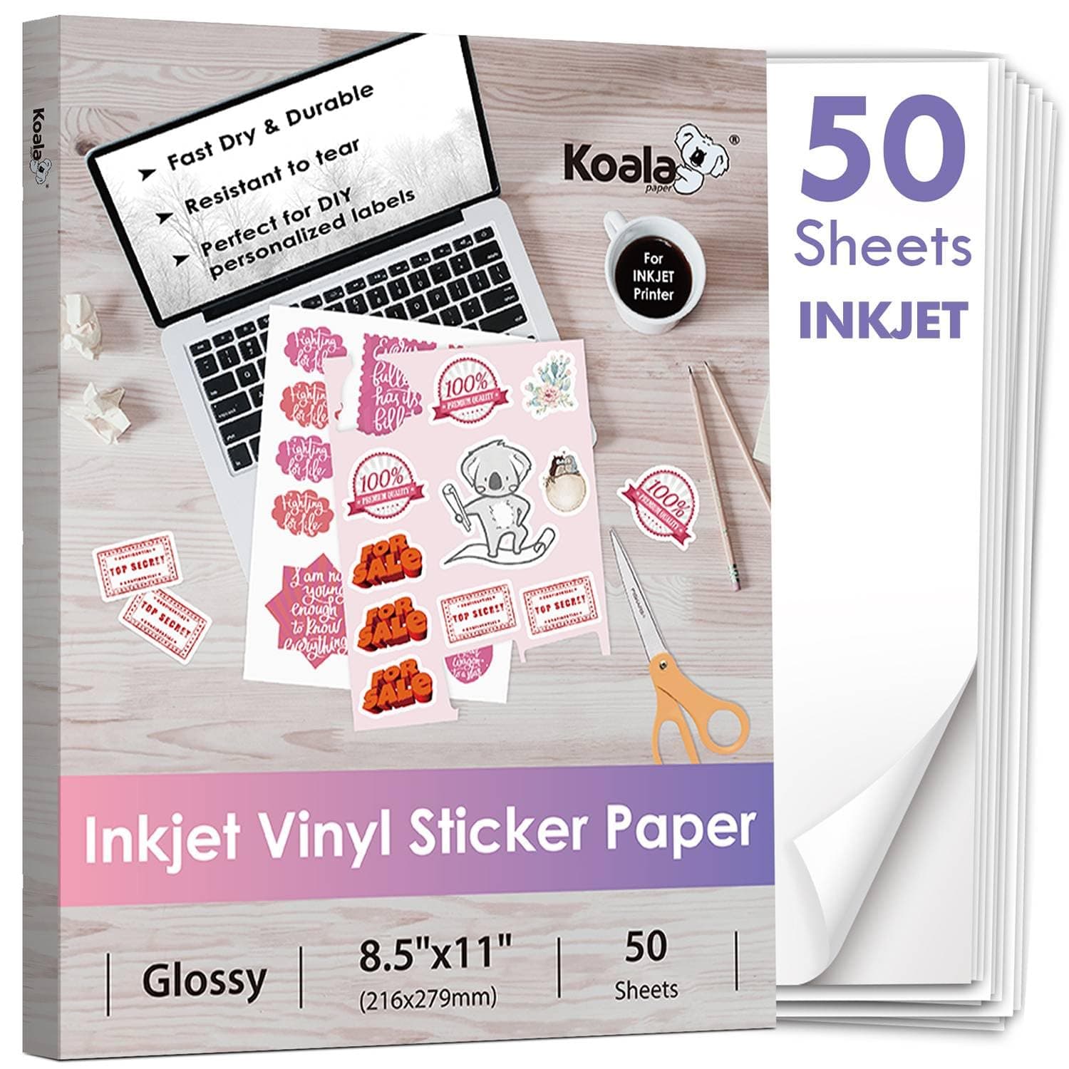 KOALA PAPER Printable Vinyl Sticker Paper - 50 Sheets White Glossy Sticker Paper, Waterproof & Tear-Resistant, 8.5x11 Inch, Inkjet Compatible