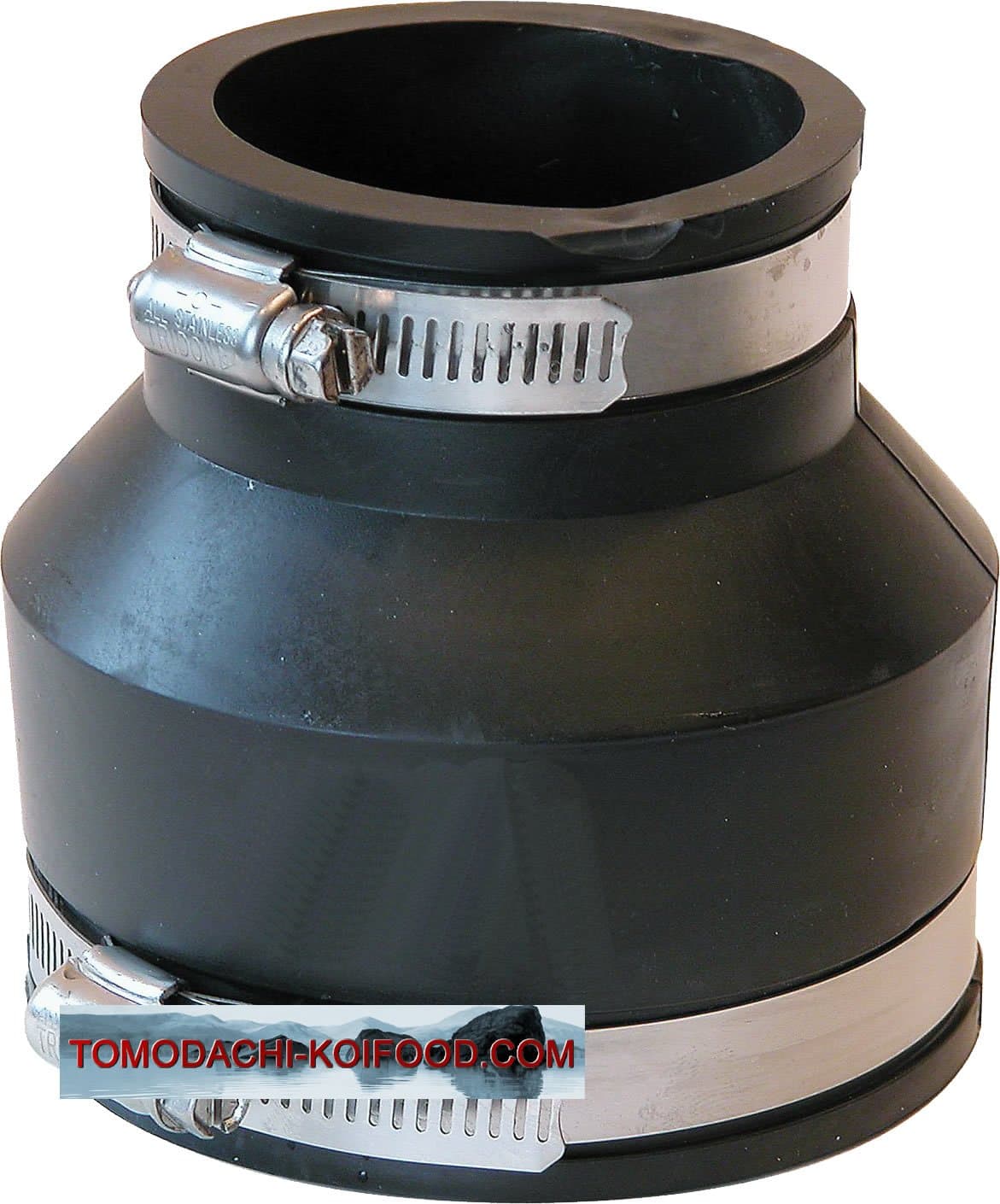 PVC rubber reducer, flexible reducer, flex-fitting for connection of two pipes of different sizes, flex-fitting of PVC elastomer for pond piping, pump installation, repair or refurbishment of leaking pipe points in the home, garden and on the Koi pond, flexible rubber reduction.