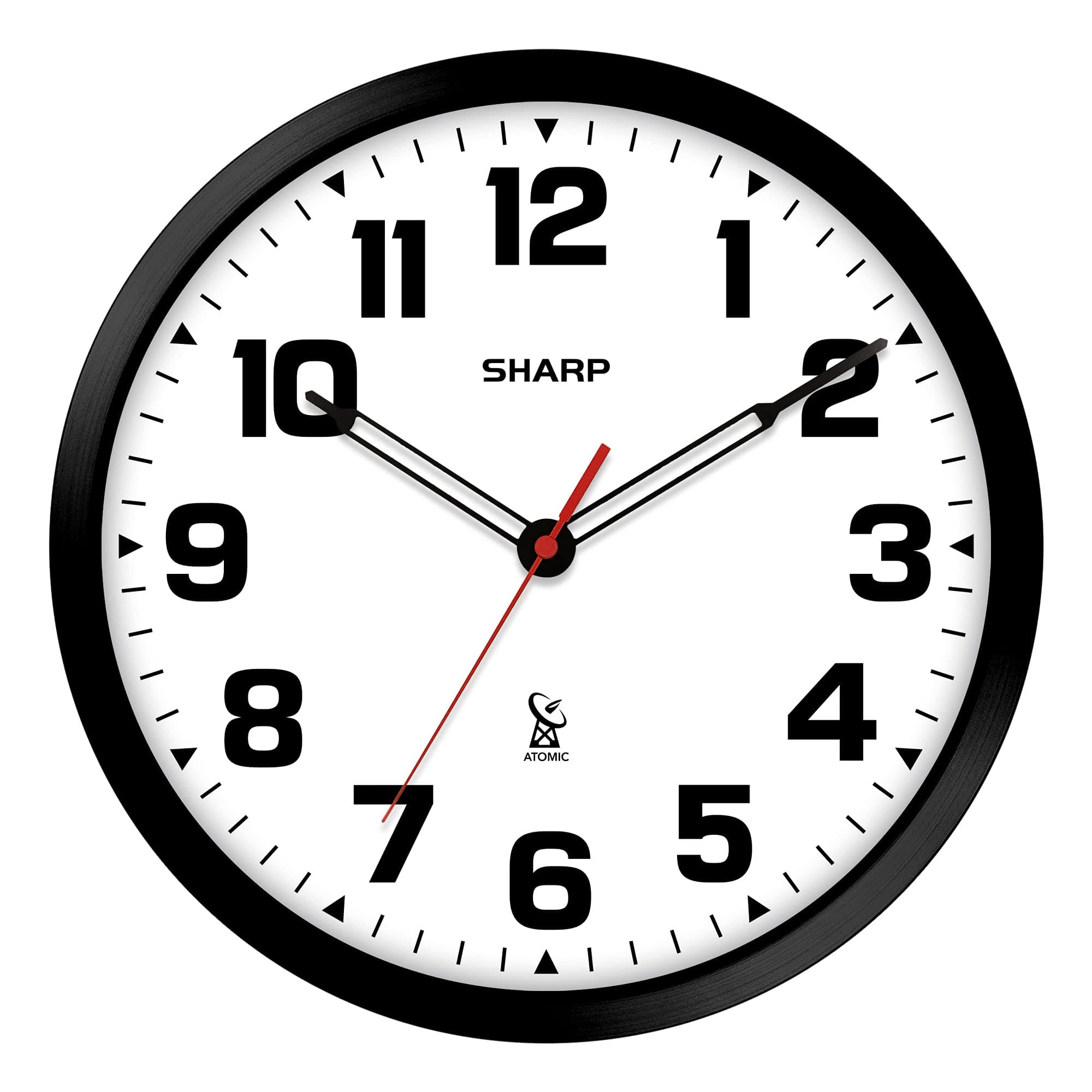 - Sharp Atomic Analog Wall Clock - 12" Black Stylish Frame - Sets Automatically- Battery Operated - Easy to Read - Easy to Use – Modern Design and Style