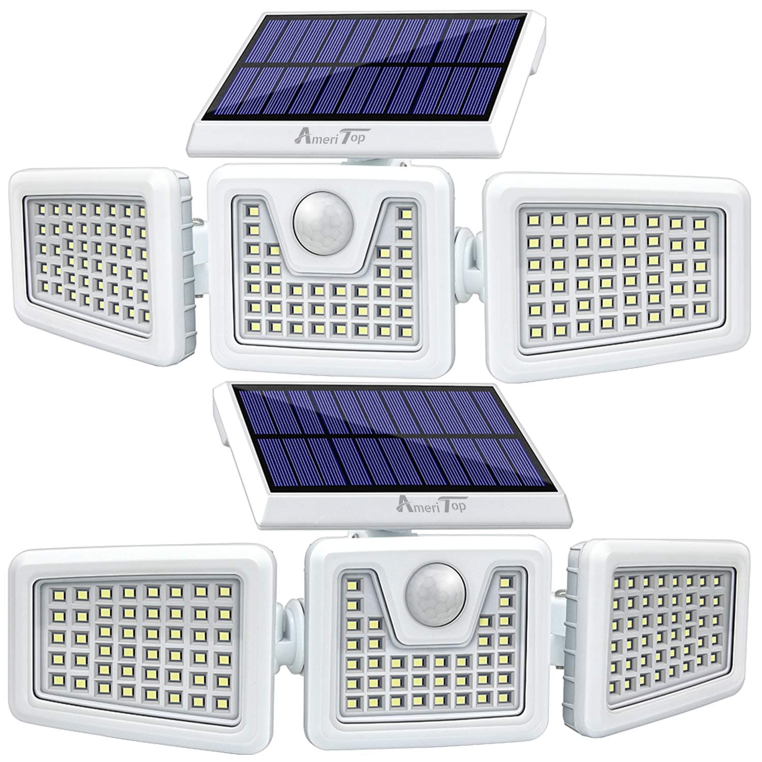 AmeriTopSolar Lights Outdoor -2 Pack, 800LM 128 LED 6500K Motion Sensor Lights Cordless ; 3 Adjustable Heads, 270° Wide Angle Illumination, IP65 Waterproof, Security LED Flood Light (Daylight)