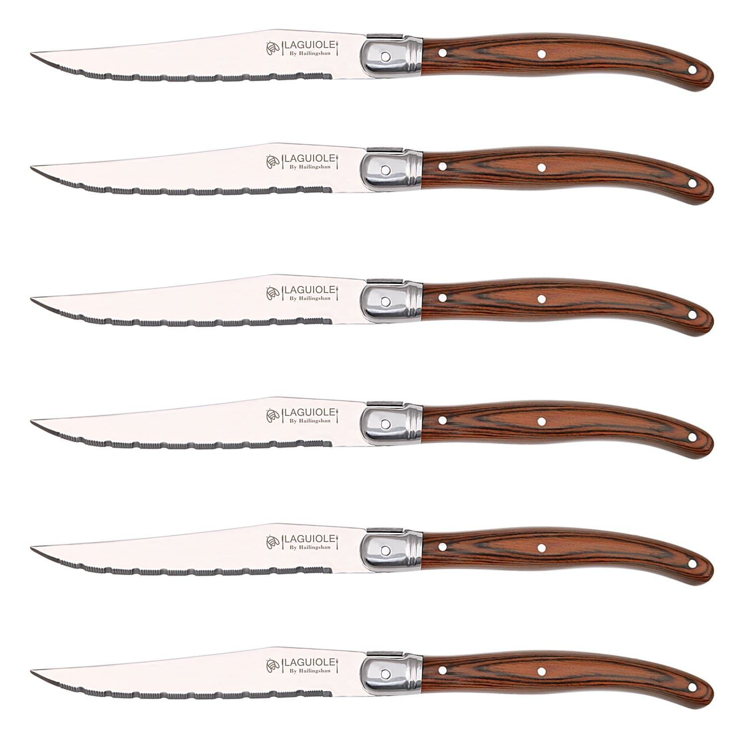 Steak Knives Set of 6, Hailingshan Stainless Steel Serrated Dishwasher Safe Premium Laguiole Light Sharp Kitchen Cutlery Tableware Flatware [Gift Box] Dinner Table Steak Knife 6 Pieces 9”-Wood Handle