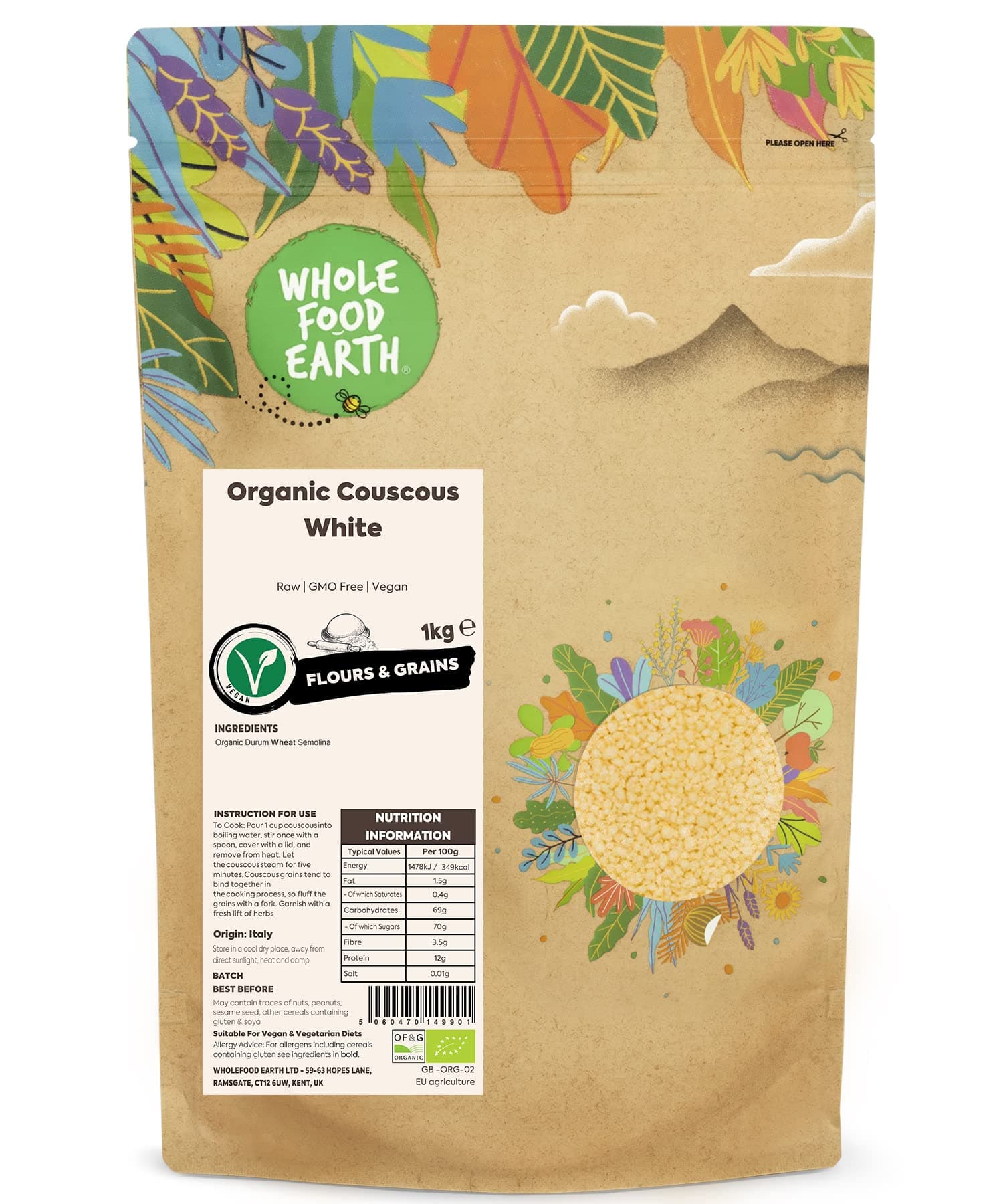 Wholefood Earth Organic Couscous White – 1 kg | Raw | GMO Free | Vegan | Certified Organic