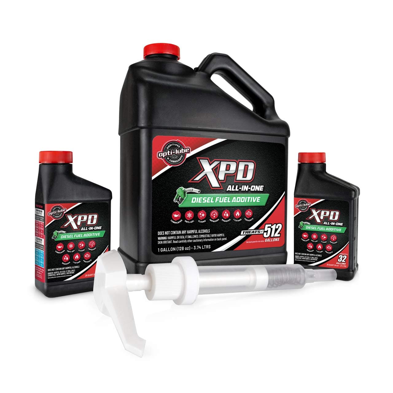 Opti-Lube XPD Formula Diesel Fuel Additive 1 Gallon with Accessories (HDPE Plastic Hand Pump and 2 Empty 8oz Bottles) Fits up to 512 Gallons