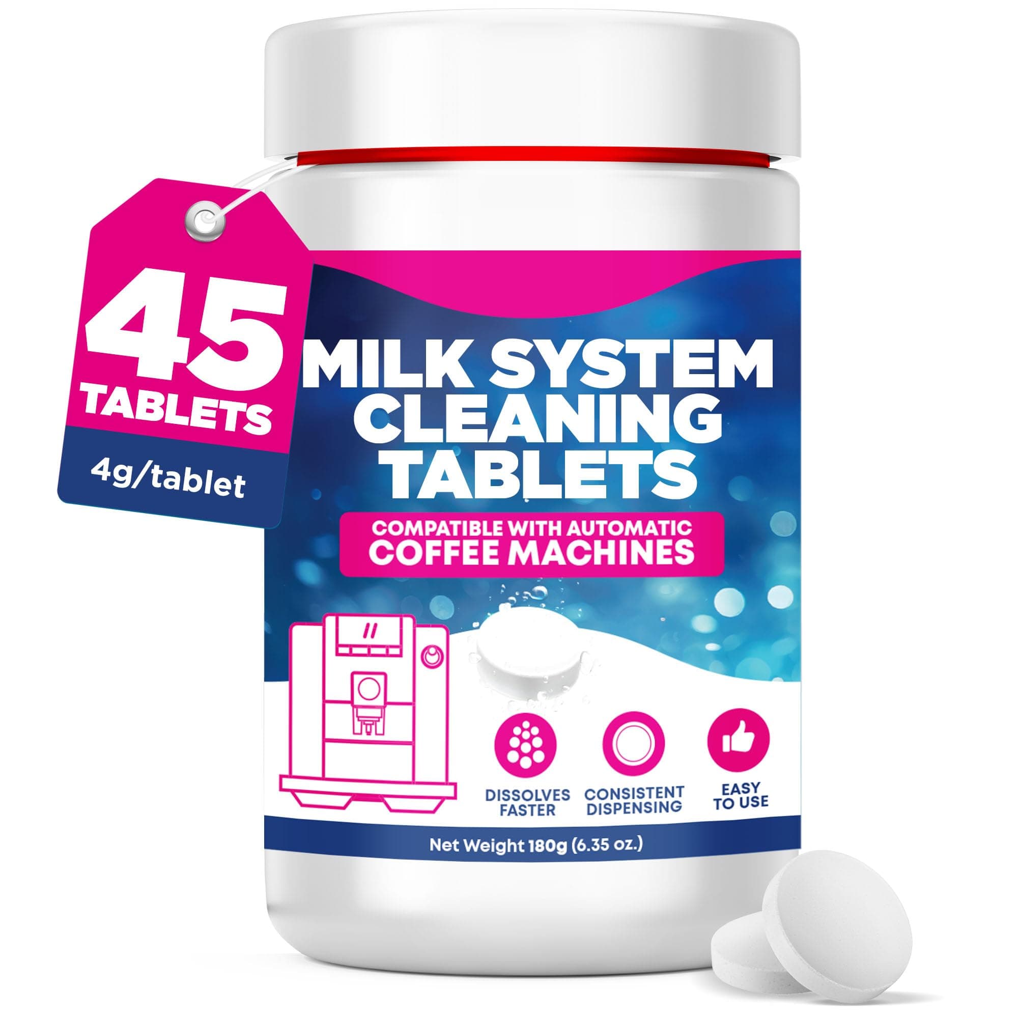 Durabasics[45 Tablets] Milk System Cleaning Tablets for Automatic Coffee Machines - Compatible with Jura Automatic Coffee Machines - Includes Cleaning, Descaling, and Milk System Tablets