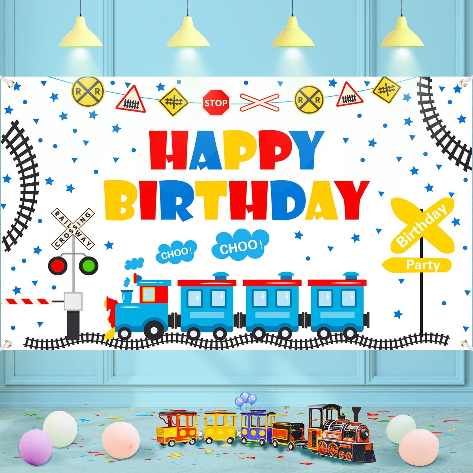 Train Theme Happy Birthday Banner - Boy & Girl Kid's Birthday Party Supplies - Railroad Train Crossing Themed Party Banner - 71 x 44 Inch