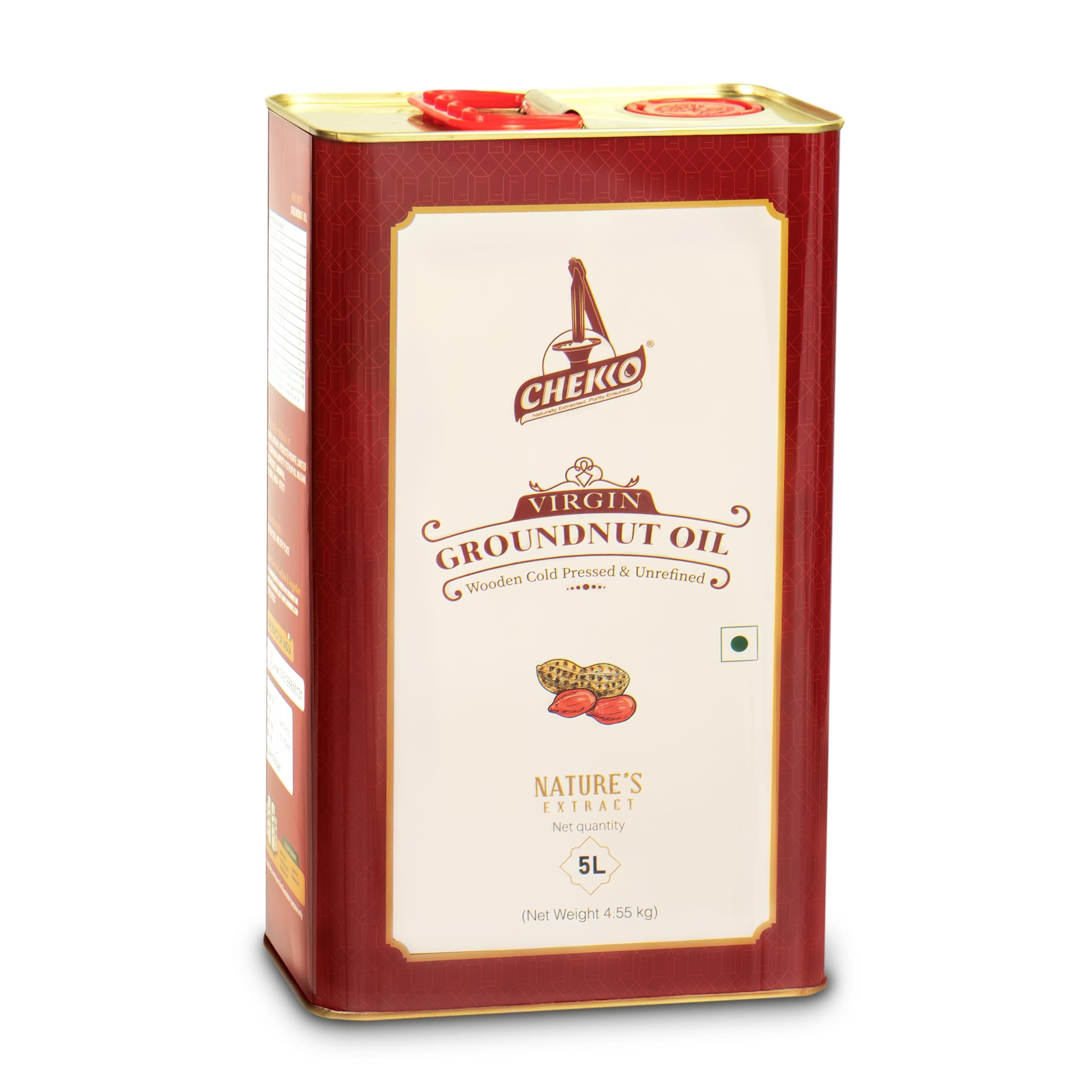 Chekko Peanut Oil Cold Pressed | 5 Liter (169 Fl Oz) | Groundnut Oil | Unrefined Wood Pressed | Pure Natural Non-GMO Cooking Oil for Deep Frying