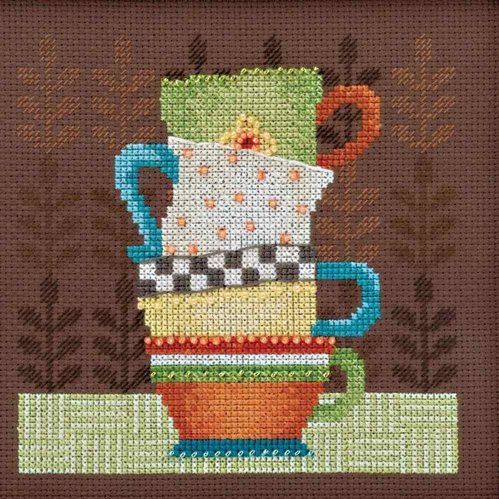 Coffee Cups Beaded Counted Cross Stitch Kit Mill Hill 2016 Debbie Mumm Good Coffee & Friends DM301615