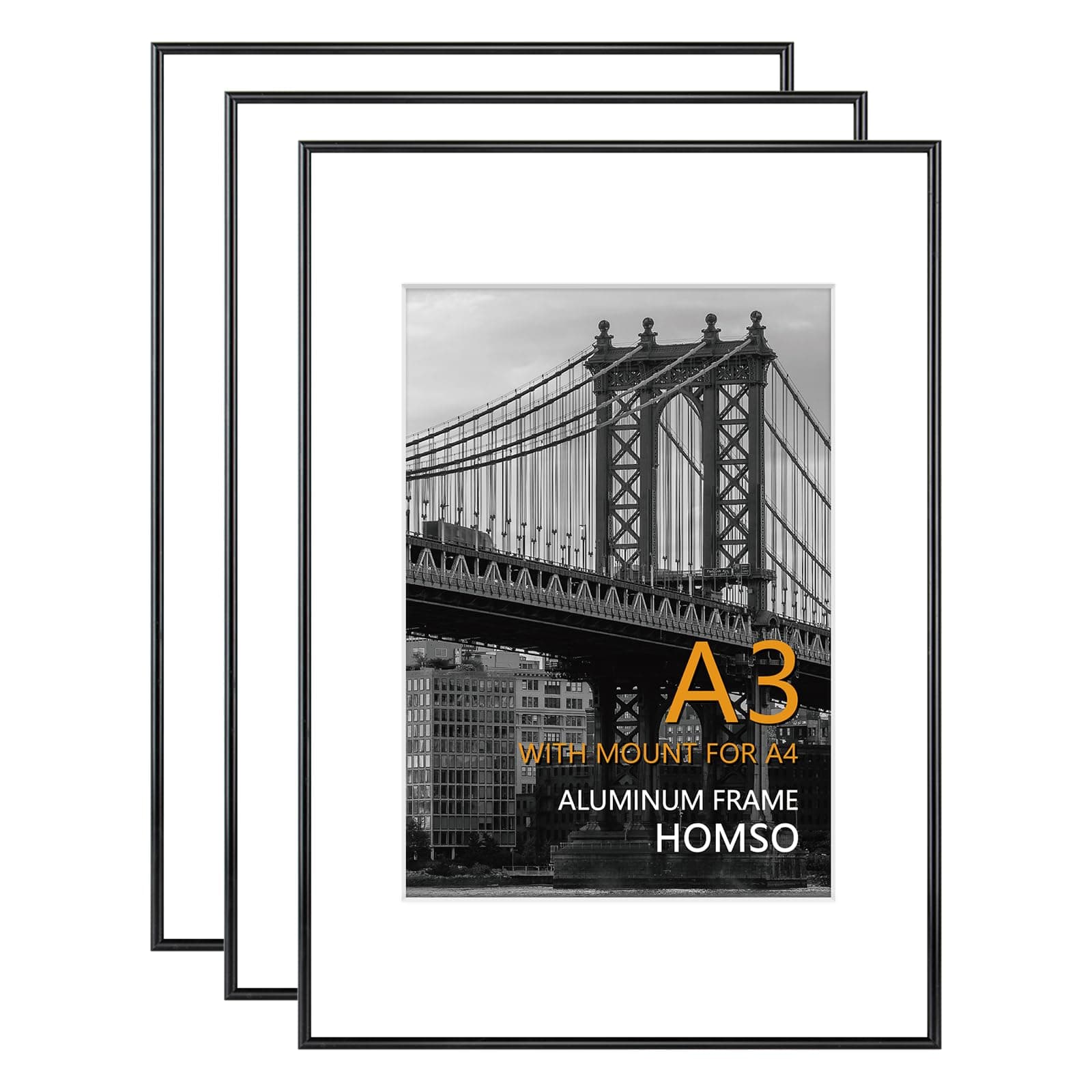 Homso A3 Picture Frame in Black 3 Packs, Metal Thin Board A3 Frame with Acrylic Plexiglass for Pictures A4 with Mat or 11.7 x 16.5 without Mat for Horizontal and Vertical