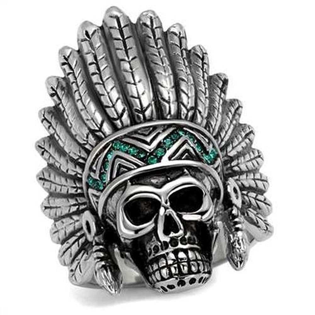 NationalonlinediscountsMen's Indian Chief Skull Emerald Green Cz Stainless Steel Native American Ring