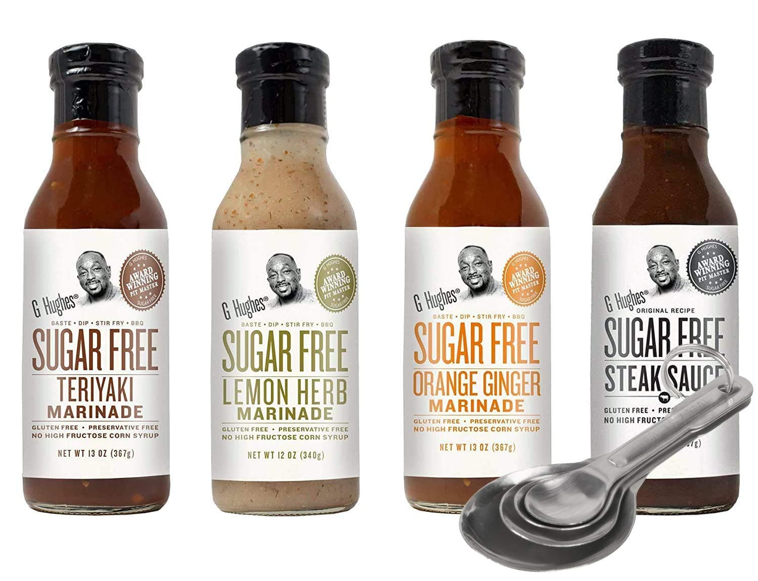 [Free Measuring Spoon Set] G Hughes Sugar Free Marinades Variety Pack (Teriyaki, Orange Ginger, Steak Sauce, Lemon Herb) - Pack of 4 Grill Master