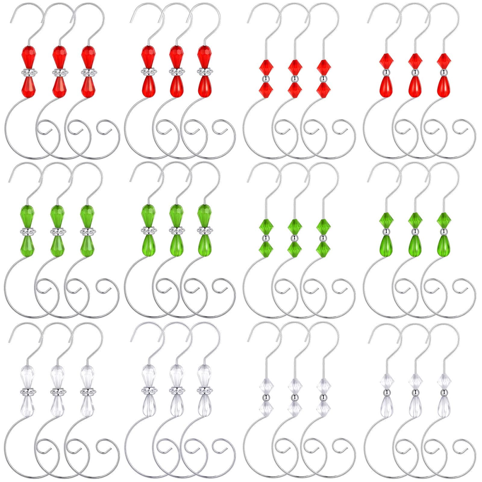 Ripeng 72 Pieces Hook Ornament Acrylic Wire Hook Decoration for Tree Hanger, Home Decor, 4 Styles (Silver,Red,Green,Transparent Bead)