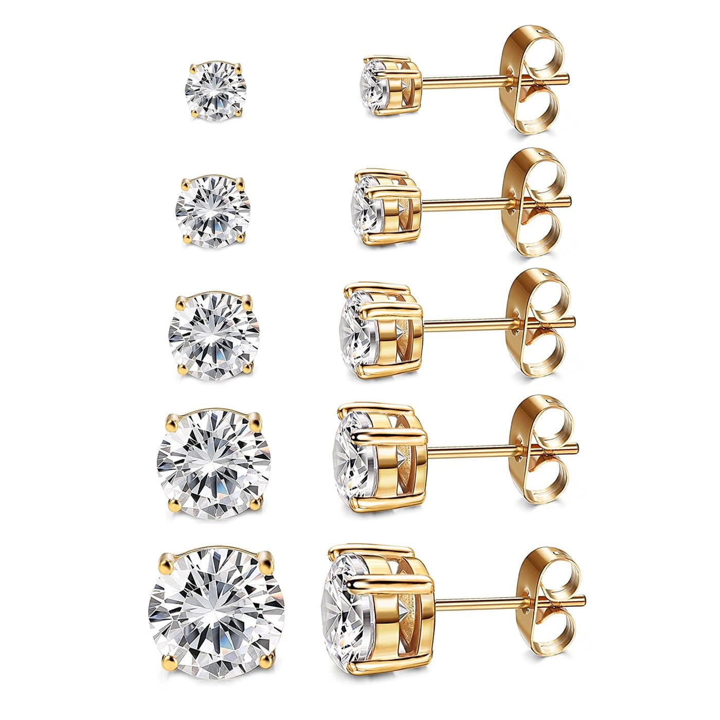 Women's 14K Gold Plated CZ Stud Earrings Simulated Diamond Round Cubic Zirconia Ear Stud Set（5 Pairs)…