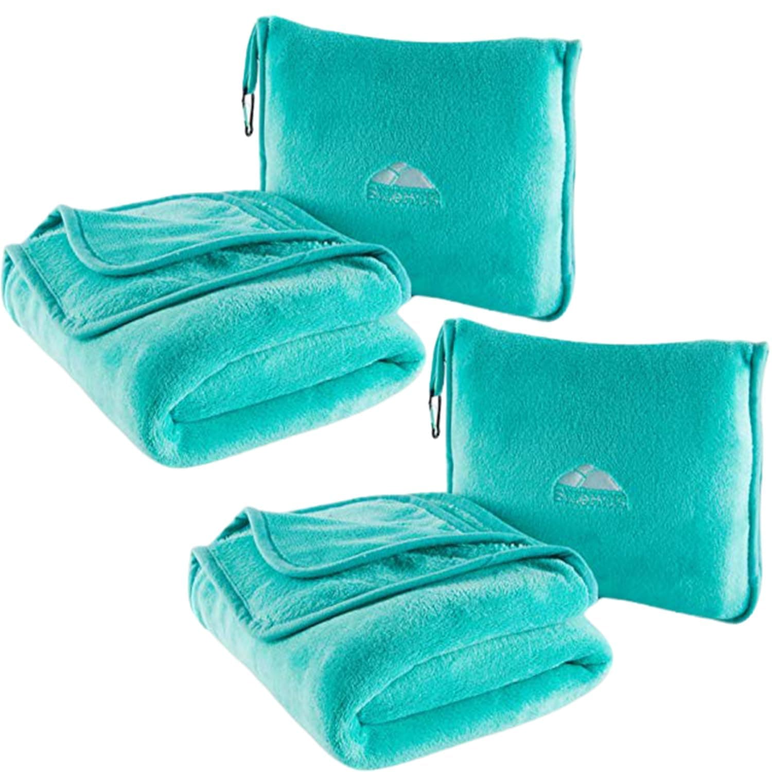 BlueHills 2-Pack Premium Soft Travel Blanket Pillow Airplane Blanket for Two in Soft Bag Pillowcase with Hand Luggage Belt and Backpack Clip, Compact Pack Large Blankets for Travel (Teal Green T012)