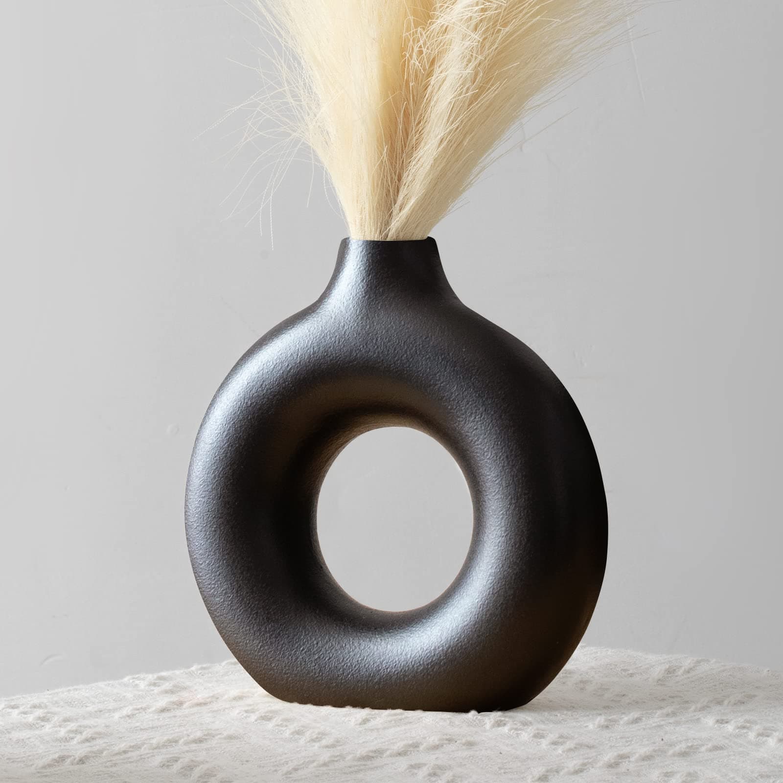 Modern Vases for Home Decor, Circle Vase with Hole, Vase for Pampas Grass, 7-in Black Vase, Donut Vase, Black Vase for Pampas Grass, Black Vases Home Decor, Black Ceramic Vase, Boho Vases for Decor