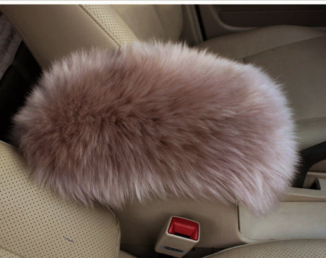 Auto Center Console Pad Furry Sheepskin Wool Car Armrest Seat Box Cover Protector Universal Fit (W-Purple) (Long-Tan)