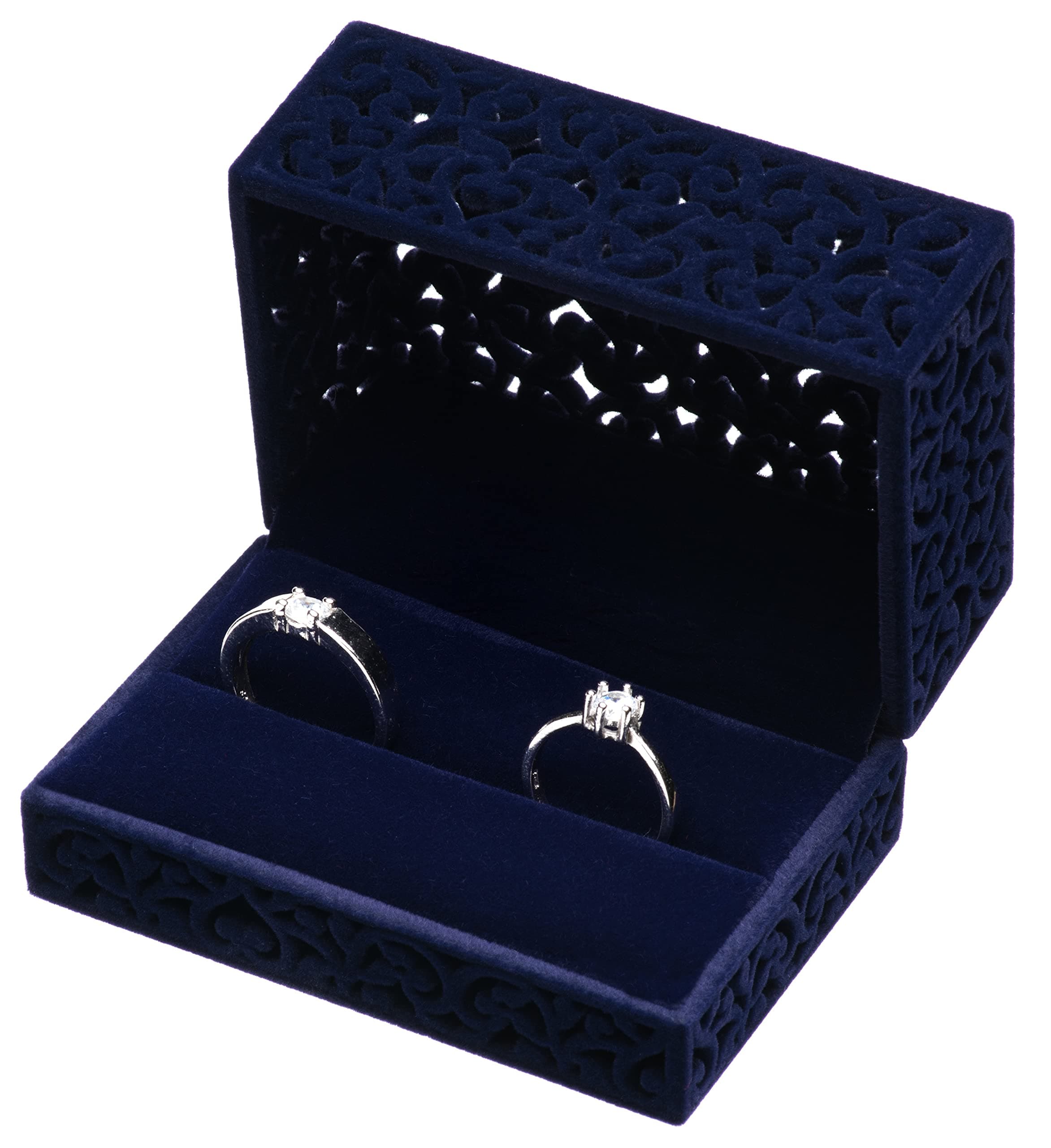 POKOFO Hollow Velvet Jewelry Ring Couple Double Bearer Box Engagement Gift (Blue)