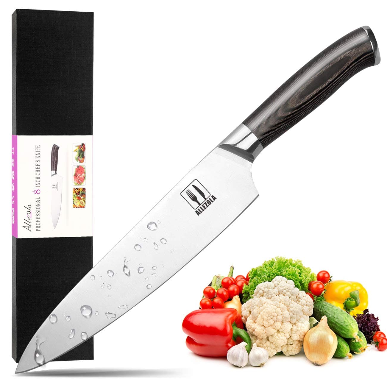 Kitchen Knife Allezola Professional Chef Knife -8 inch German High Carbon Stainless Kitchen Knives With Wooden Handle, Perfect Cooking Knife for Cutting, Dicing, Slicing or Mincing