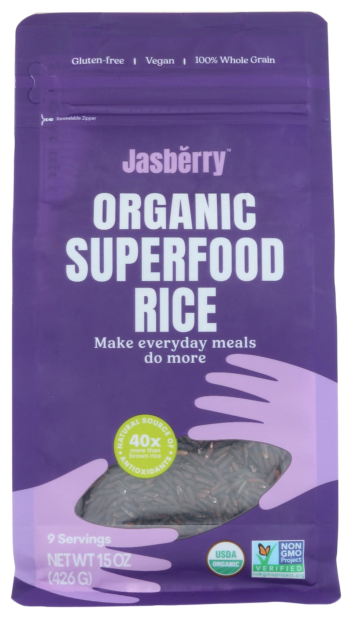 Jasberry - Organic Superfood Rice, Soft & Aromatic Whole Grain Purple Rice, High in Antioxidants, Non-GMO, Gluten-free, Easy to cook, Versatile USDA Certified Organic, Vegan (15 Oz Resealable Zip Bag)