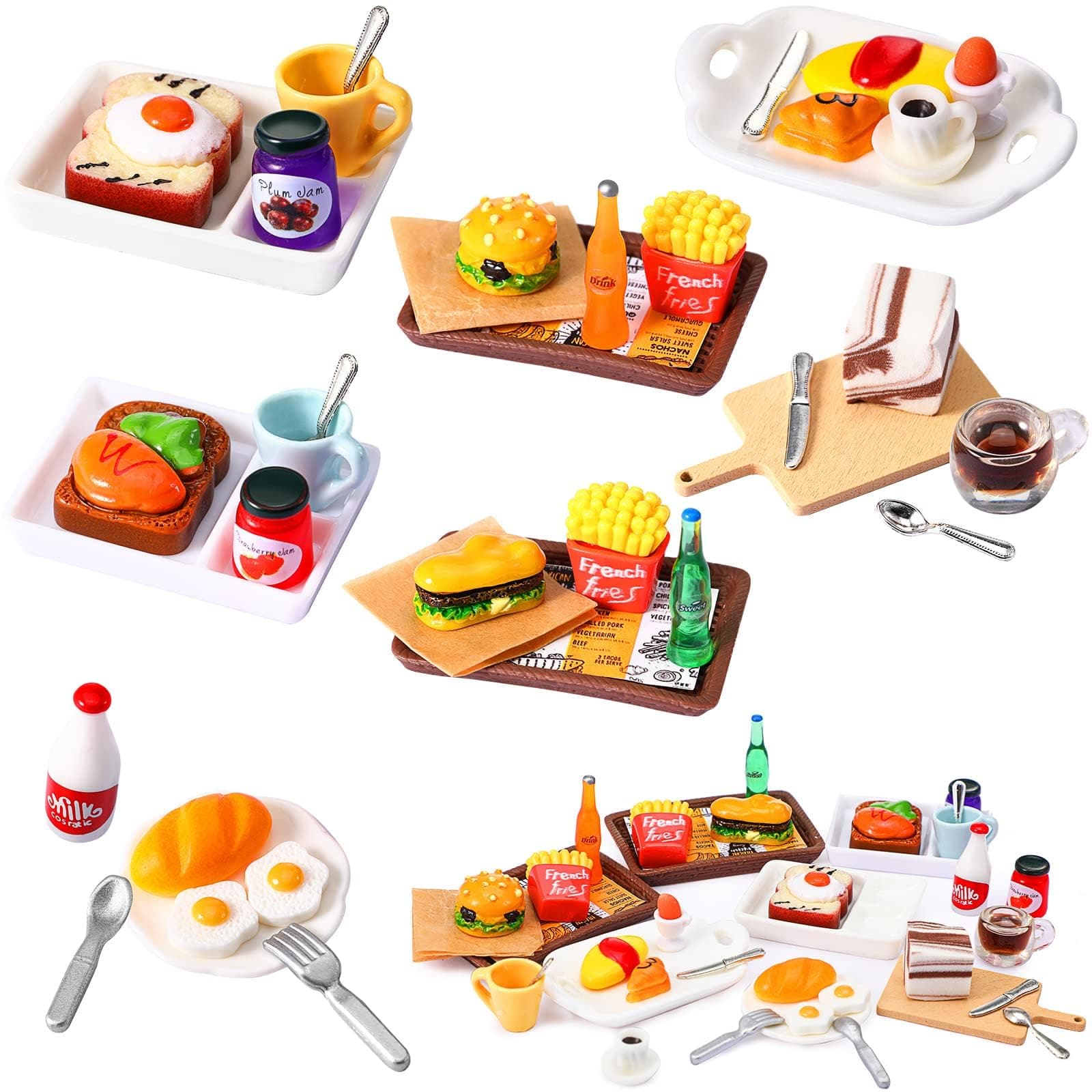 – 7Pcs Dollhouse Miniature Fast Food Accessories Set, Hamburger Fries Soda Milk Juice Fast Food Set, Suitable for Toys Kids Party Accessories Restaurant