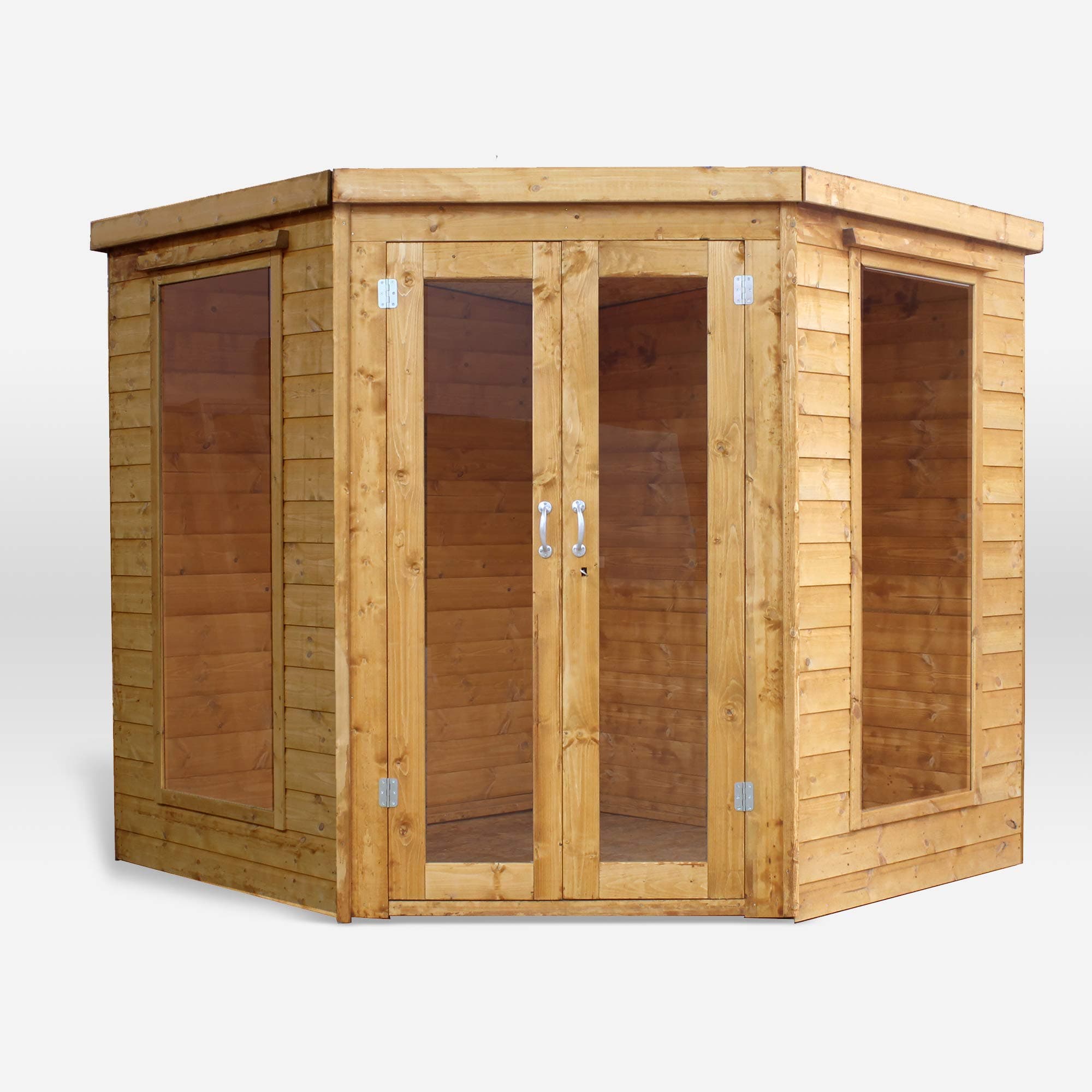 WALTONS EST. 1878 9x9 Wooden Corner Garden Summerhouse, Shiplap Construction - Dip Treated with 10 year guarantee. Includes Double Doors, Flat Roof, Floor & Roof Felt and Styrene Safety Windows (9 x 9 / 9Ft x 9Ft) 3-5 Day Delivery
