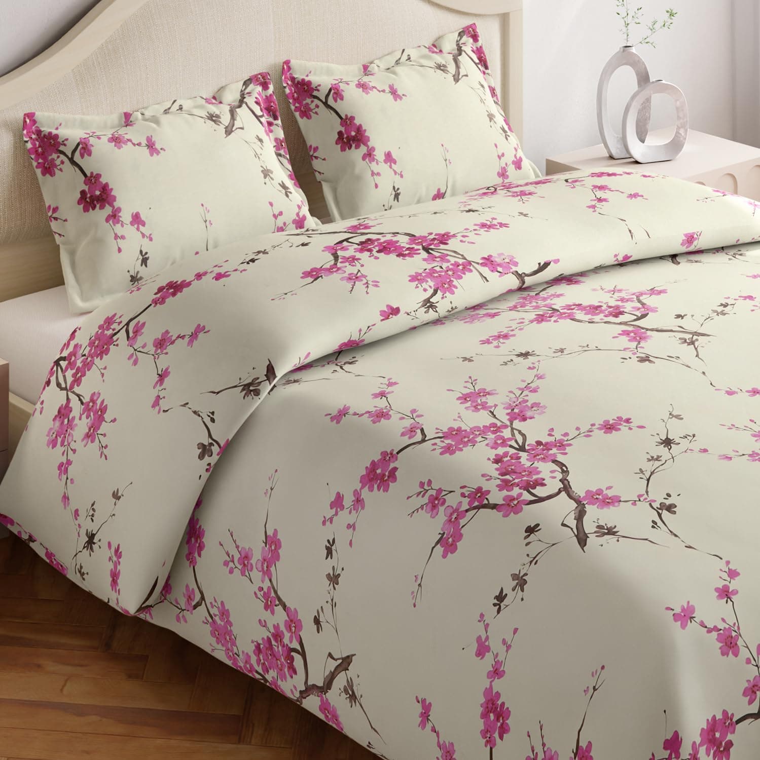 haus & kinder Floral Grace 100% Cotton Flat Bed Sheet Double Size with 2 Pillow Covers, 186 TC (Eleganza Pink)
