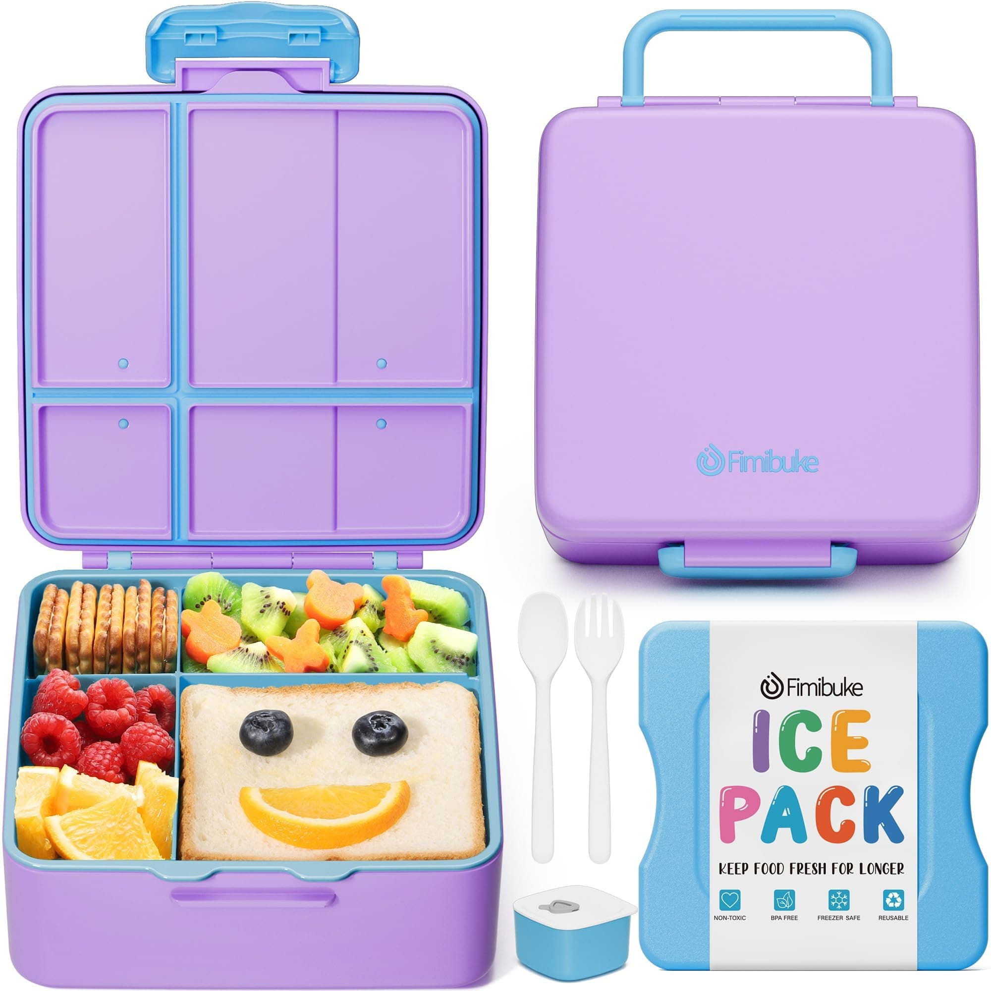 Fimibuke Chill Bento Box for Kids Adult, Leak Proof Toddler Lunch Box with Ice Pack Keep Food Cold, BPA Free 4 Compartment Lunch Container with Utensils for Girl Boy School, Microwave Dishwasher Safe
