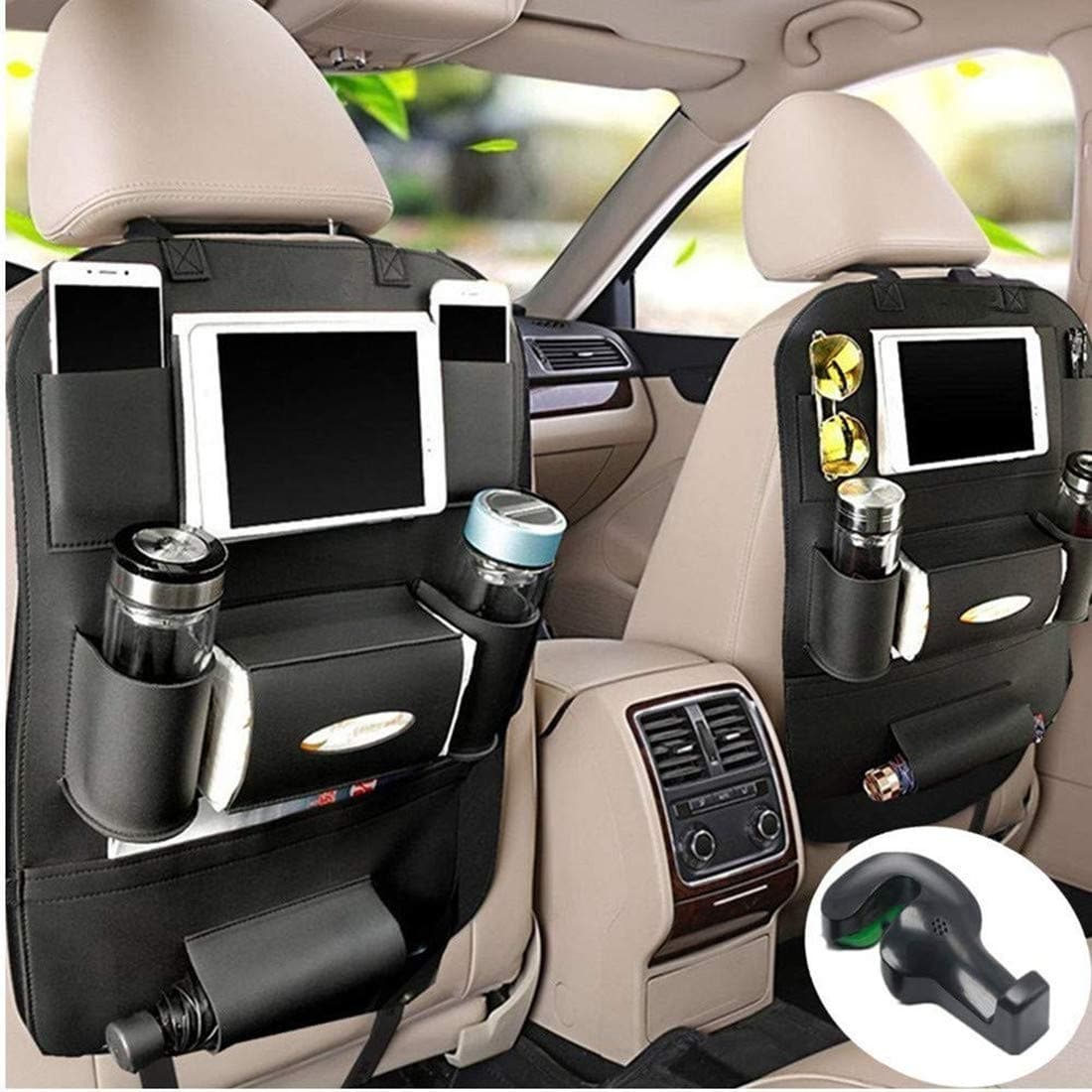 Fincy Palmoo PU Leather Car Back seat Organizer and iPad Mini Holder, Back Seat Kick Protectors for Kids, Storage Bottles, Tissue Box, Toys - (2 Pack,Black)