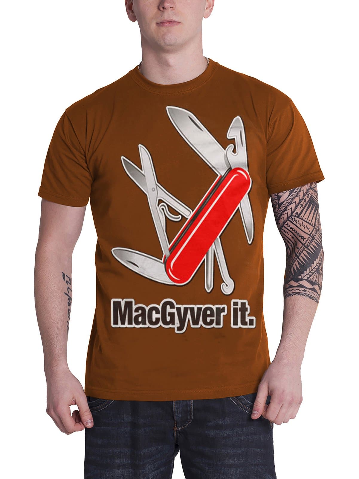 Macgyver T Shirt Macgyver It Swiss Army Pen Knife Logo Official Mens Brown