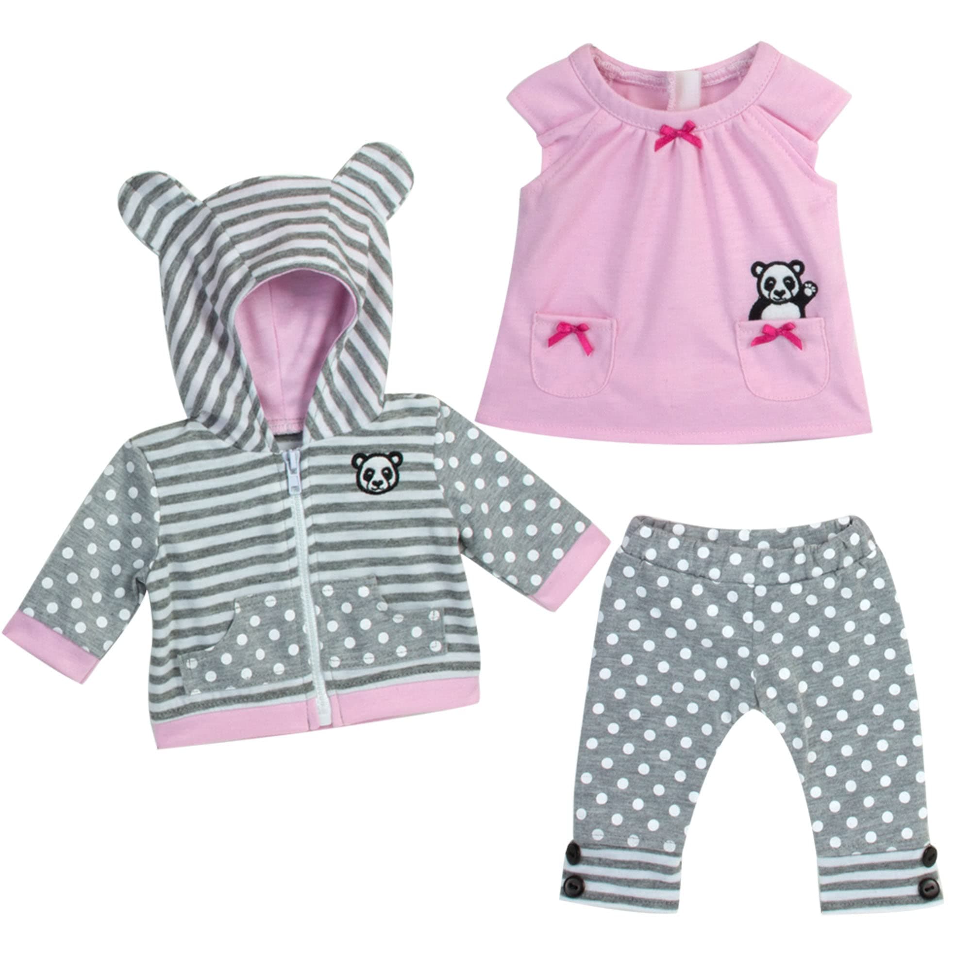 Sophia's Baby Doll Outfit Includes Panda Bear Hooded Sweatshirt, Pink Tunic, and Gray Polka Dot Leggings 3 Piece Set for 15" Dolls, Pink/Gray