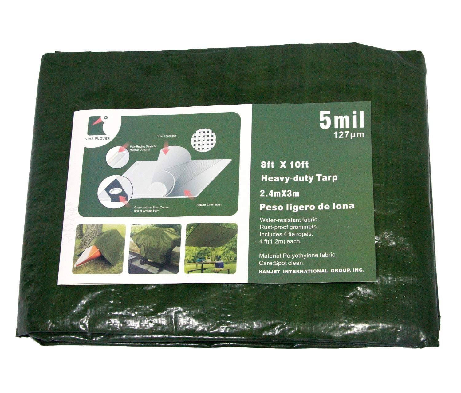 Waterproof Roof Cover Poly Tarps 8X10 Feet Army Green 5 mils Durable PE Tarpaulin for Boat Tent Outdoor Cover by Star Plover