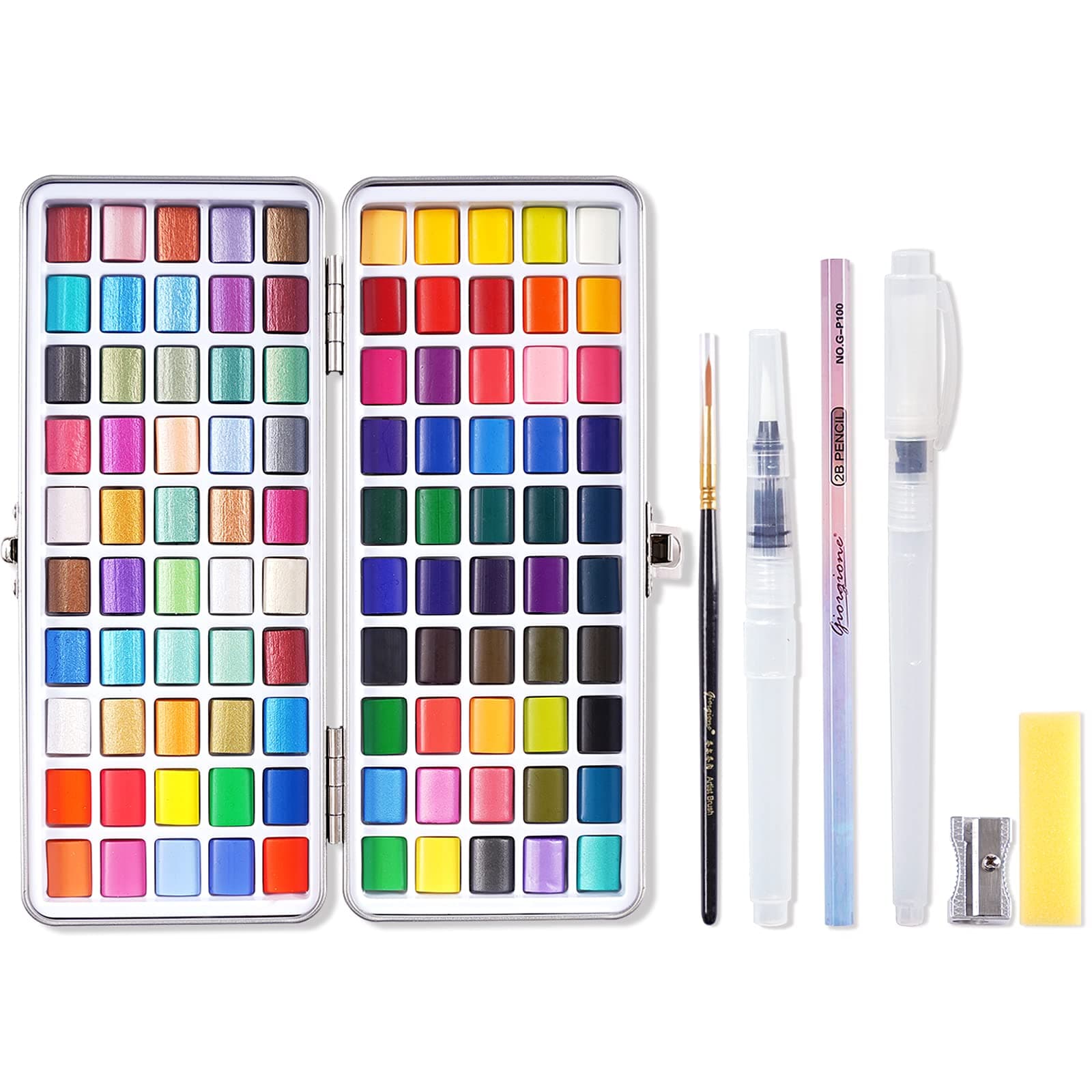 AXEARTE Watercolor Paint Set, 100 Colors in Metal Gift Box, Including Vivid, Metallic, Pearlescent and Fluorescent Colors, Travel Watercolor Set with Brush Pen for Kids Adults (100 COLORS)