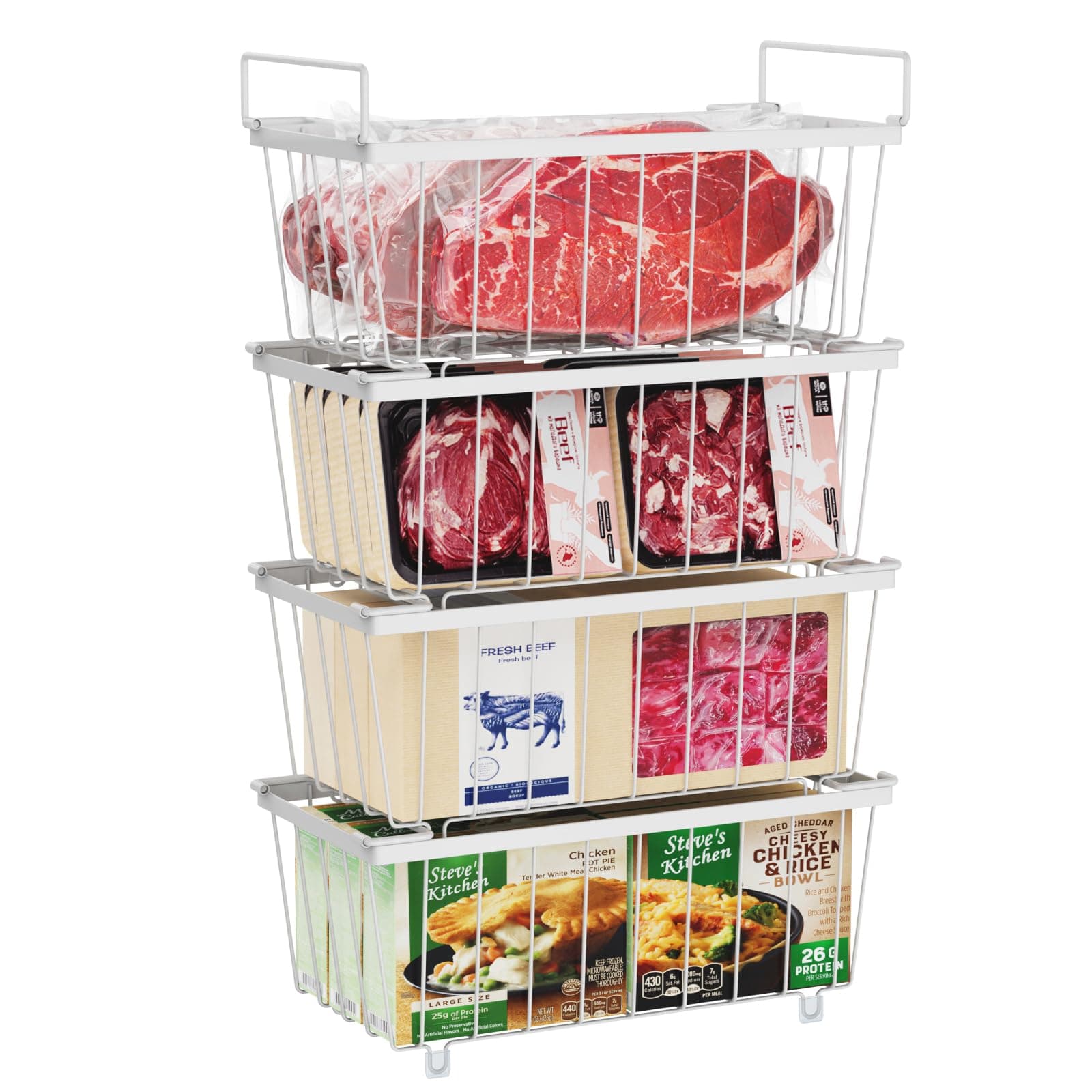 iSPECLE Chest Freezer Organiser - 4 Pack for 198 Litre Deep Freezer, Stackable Wire Chest Freezer Baskets to Sort Frozen Food, Freezer Storage Bins with Handles for Easy Access, White