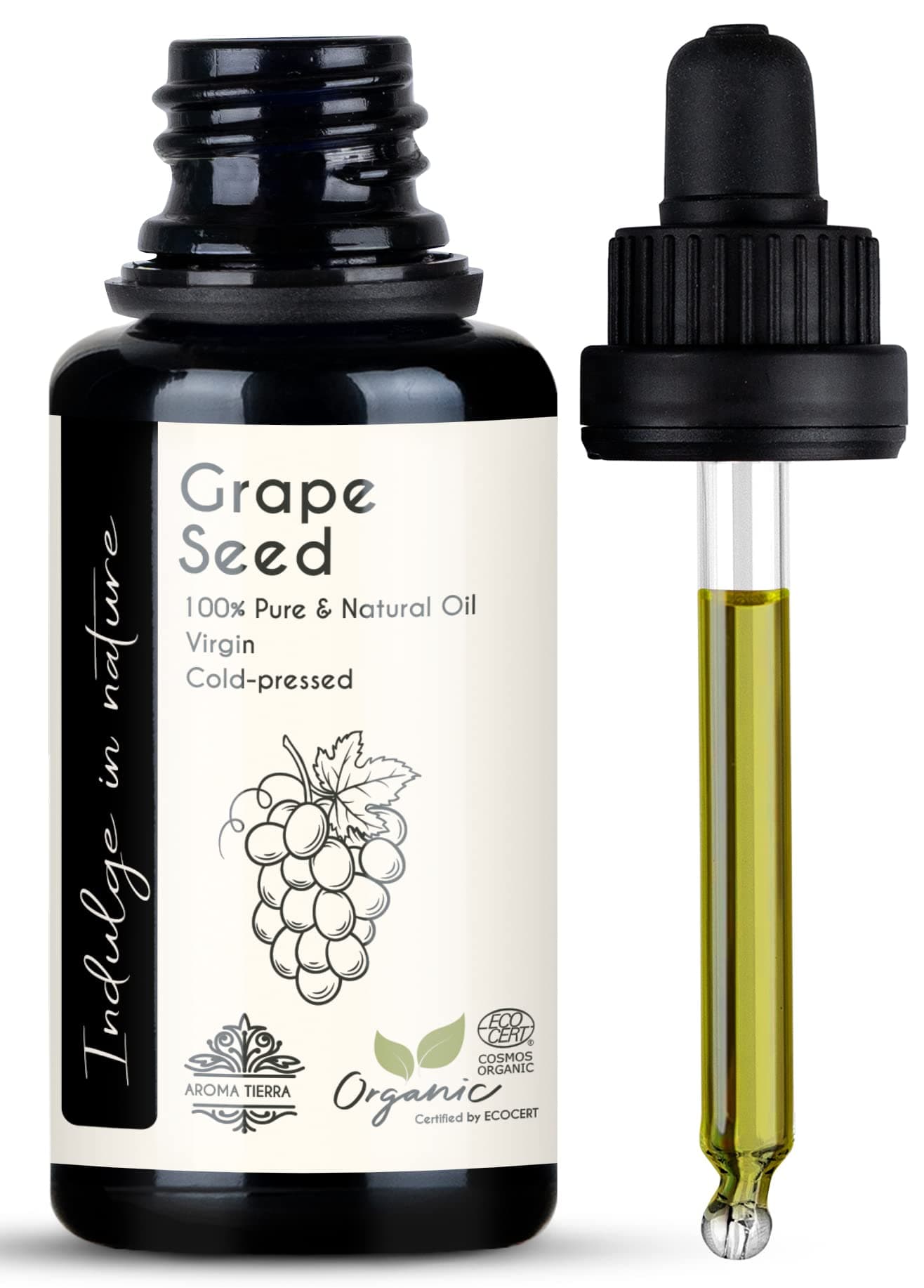 Aroma Tierra Grape Seed Oil - 100% Pure Organic Cold Pressed Unrefined - For Face Skin Hair Body - 30ml