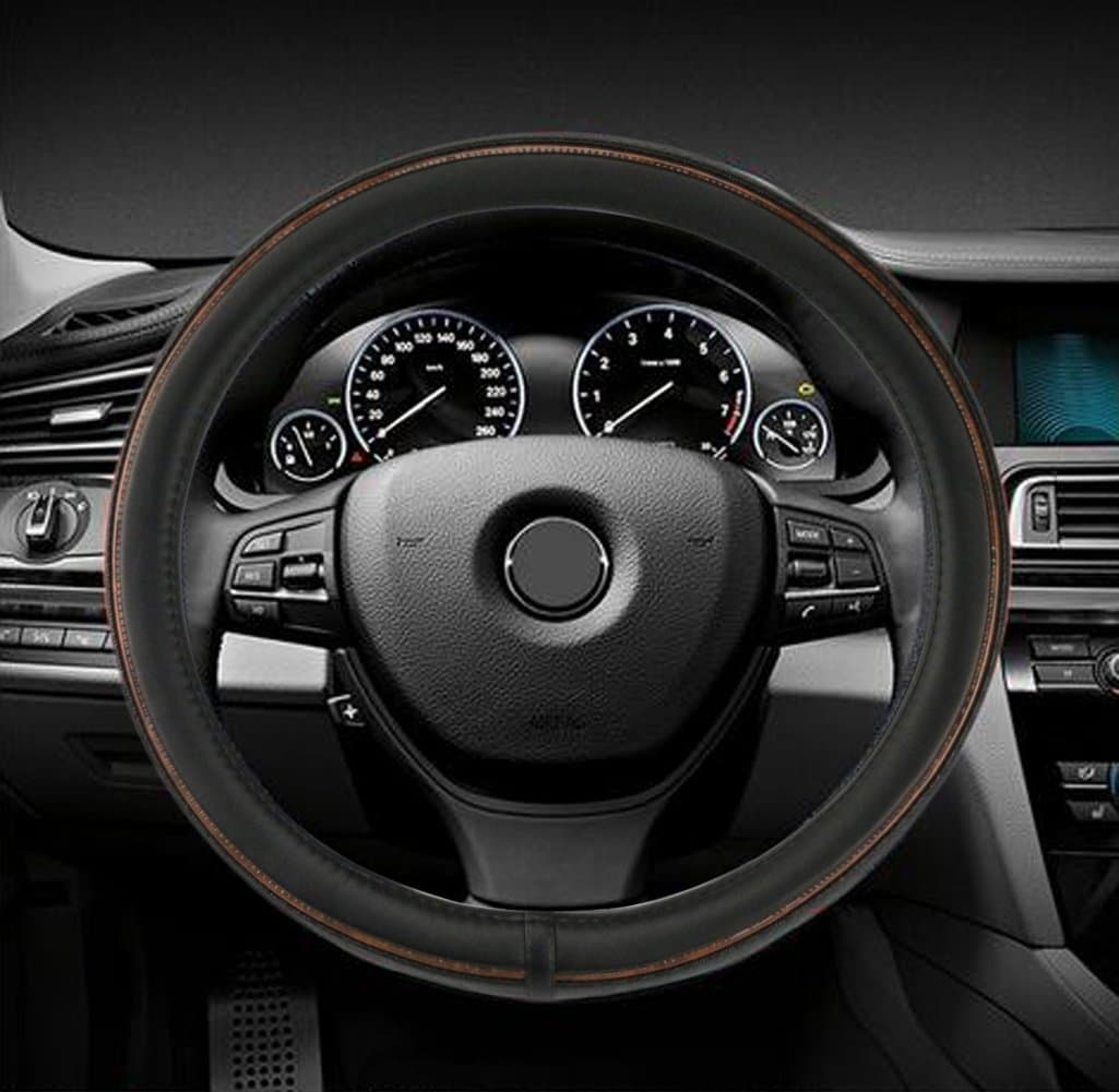 Gomass Auto Car Steering Wheel Cover, Microfiber Leather, Anti-slip Embossing Pattern, Heavy Duty, Odor-Free, Durable, Breathable, Fit Universal Size 15 Inch (Black with Brown Line)