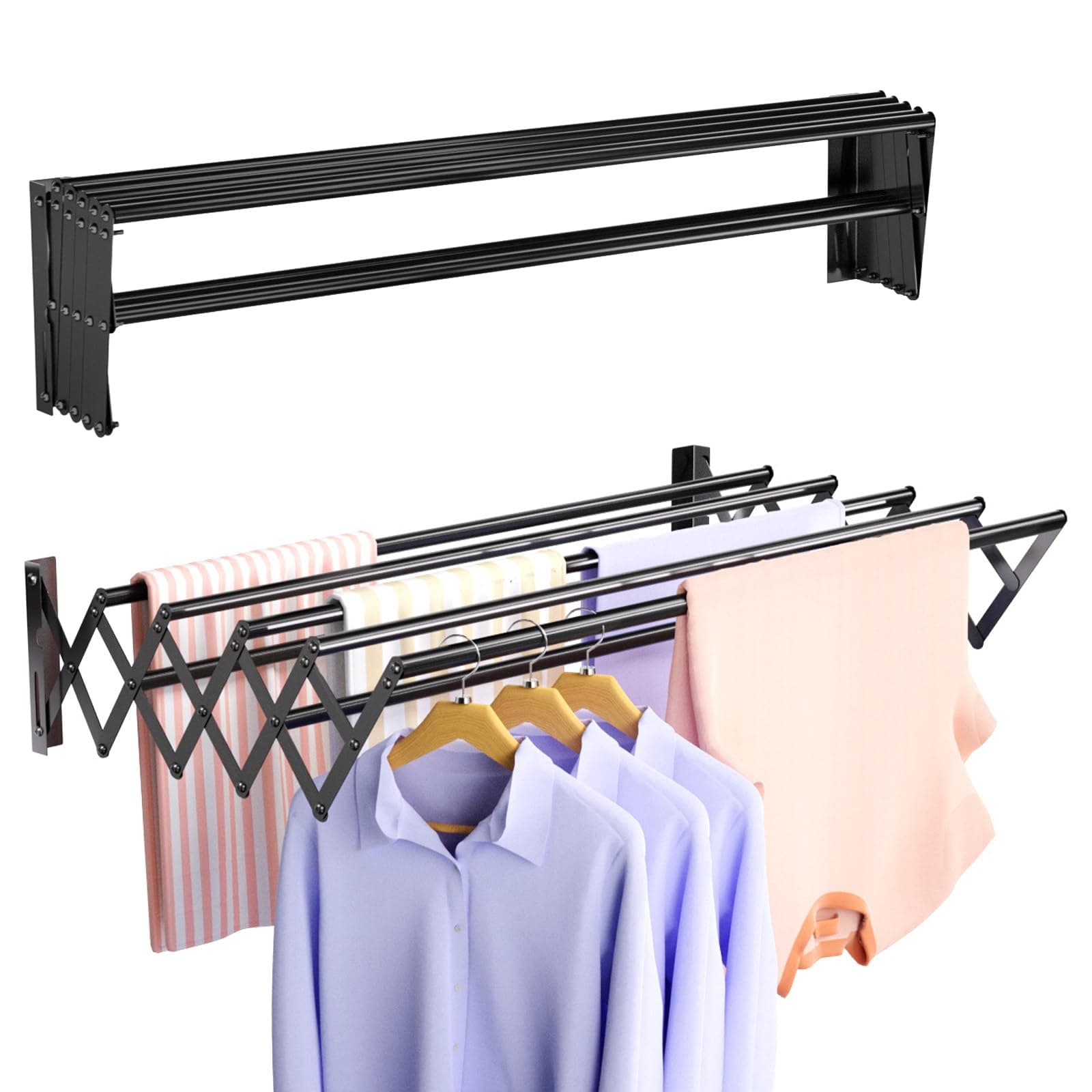 Wall Mounted Clothes Drying Rack, Foldable Wall Mount Laundry Drying Rack Folding Indoor, Drying Rack Clothing Collapsible, Retractable Towel Rack, Space Saver with 7 Drying Rods, Black