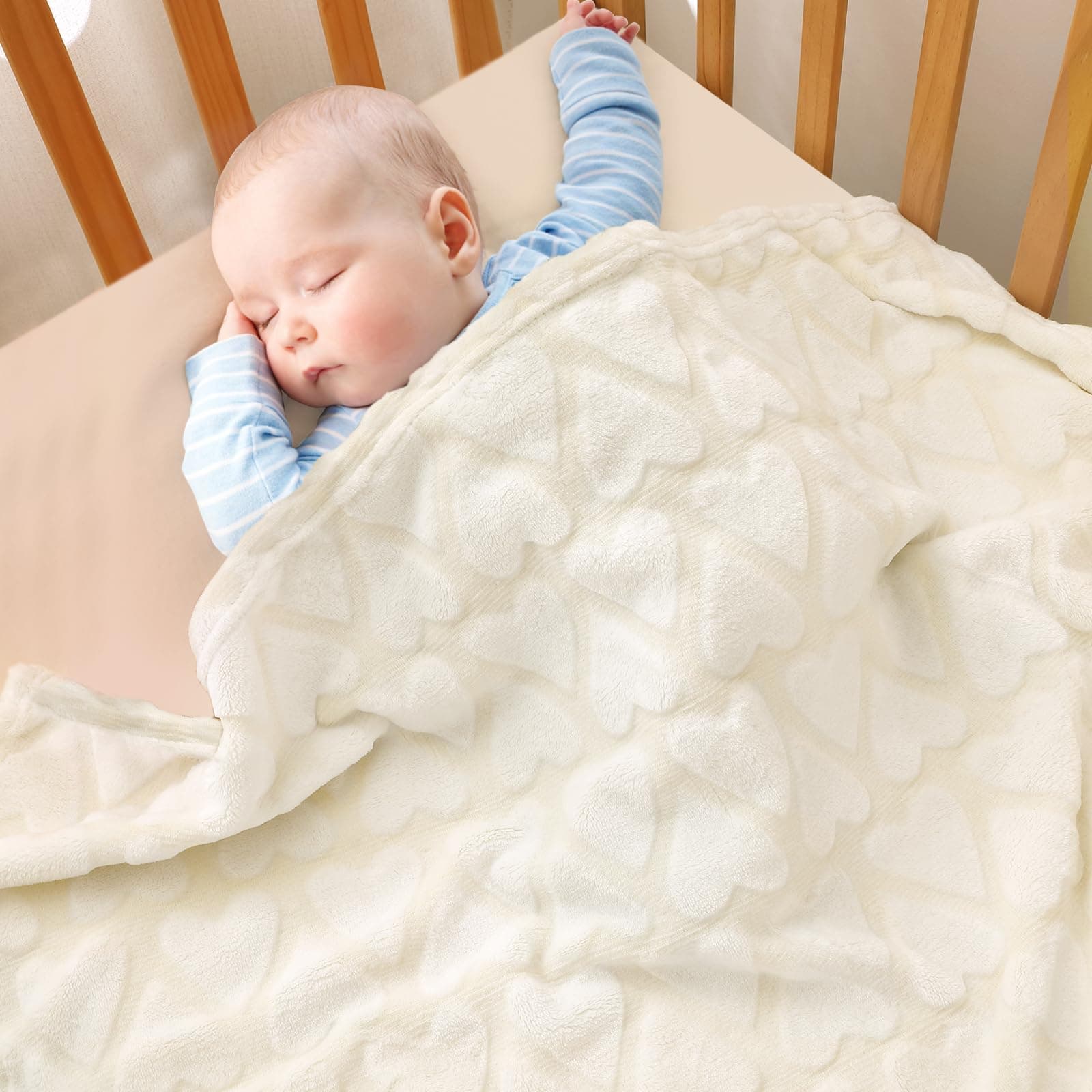 BerttePlush Baby Blanket for Boys Girls | Swaddle Receiving Blankets Super Soft Warm Lightweight Breathable for Infant Toddler Crib Stroller - 40"x50" Large, Cream Hearts Embossed