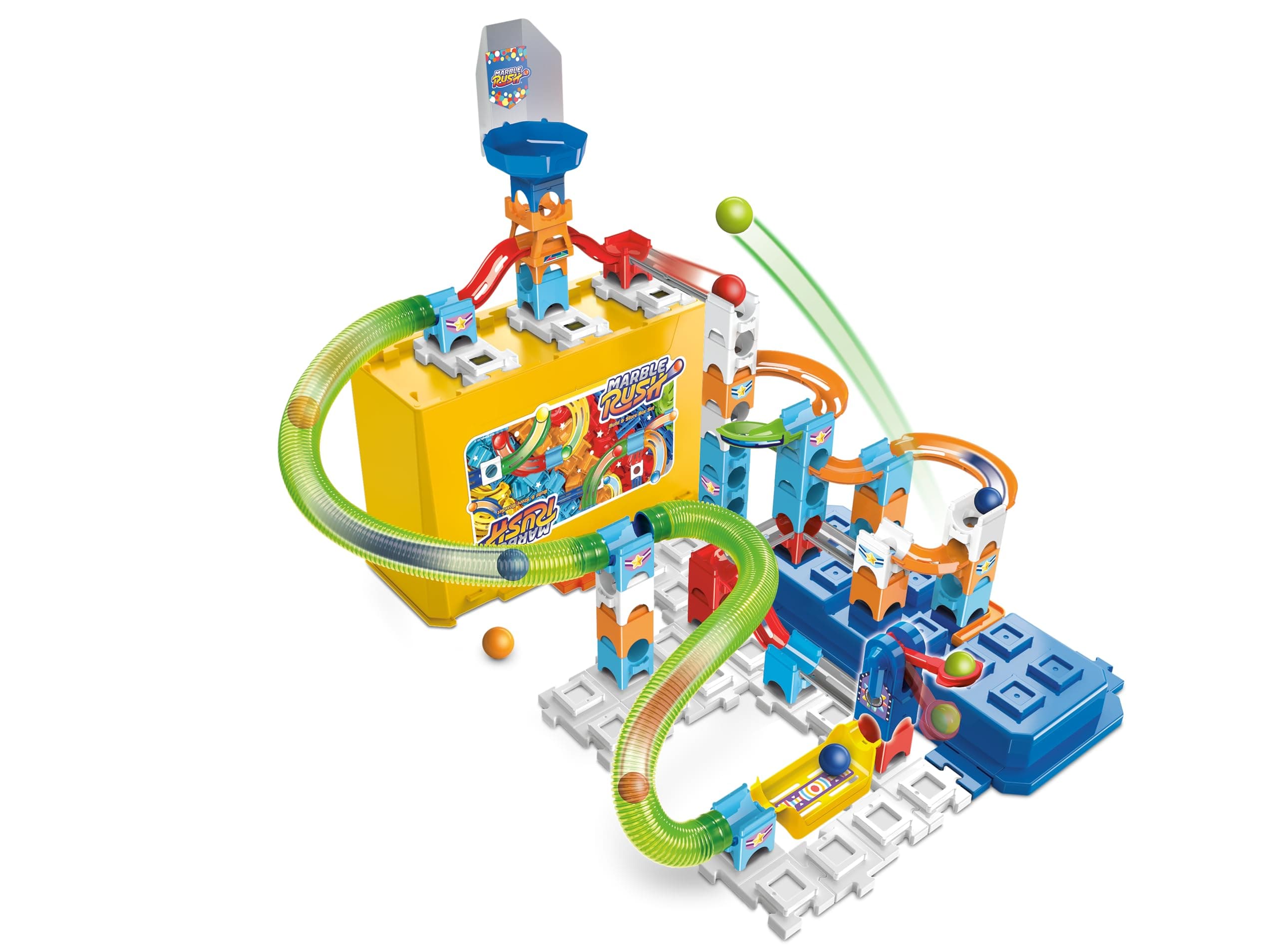 VTech Marble Rush Build and Store Box Set, Construction Set for Kids, 5 Marbles and 62 Building Pieces, Marble Run with Launcher, Building Toy, Track Set for 4, 5, 6 Years Plus, English Version