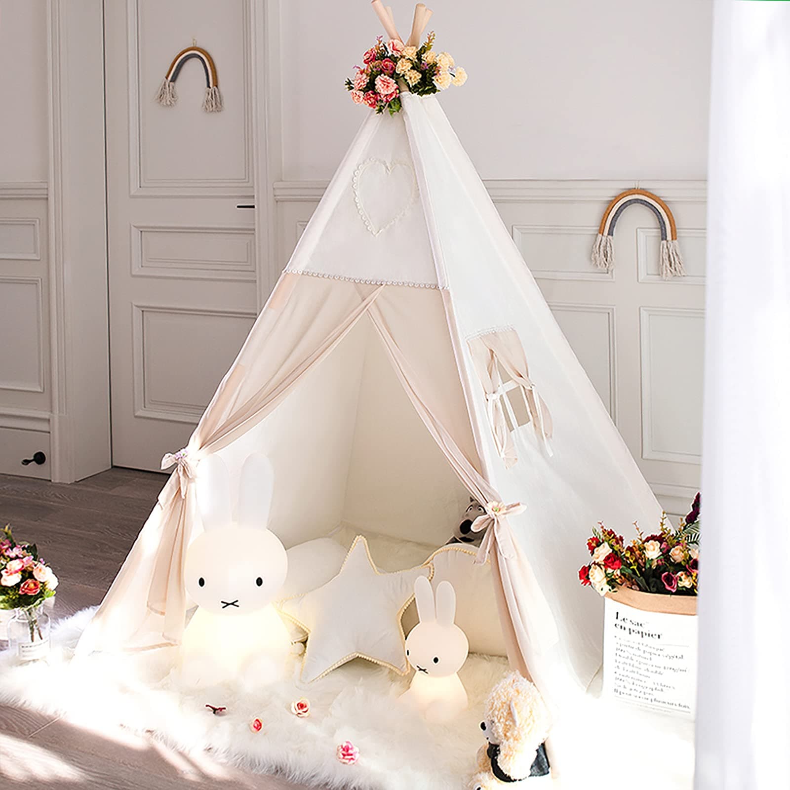 Kids Teepee Tent with Padded Mat, Banner, Yarn Ball, Carry Bag, Beige Cotton Canvas Play Tent for Child with Tassels Lace, Play House Tipi for Kids Room Decor