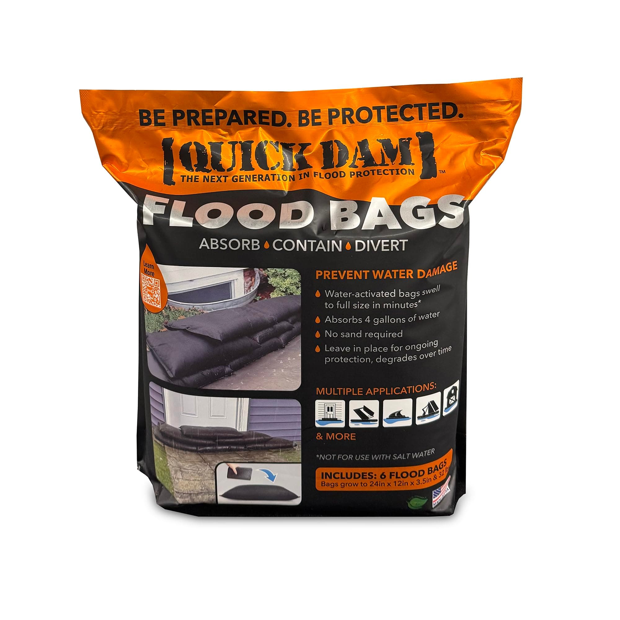 Quick Dam QD1224-6 Water Activated Flood Bags 1ft x 2ft, 6-Pack, Black