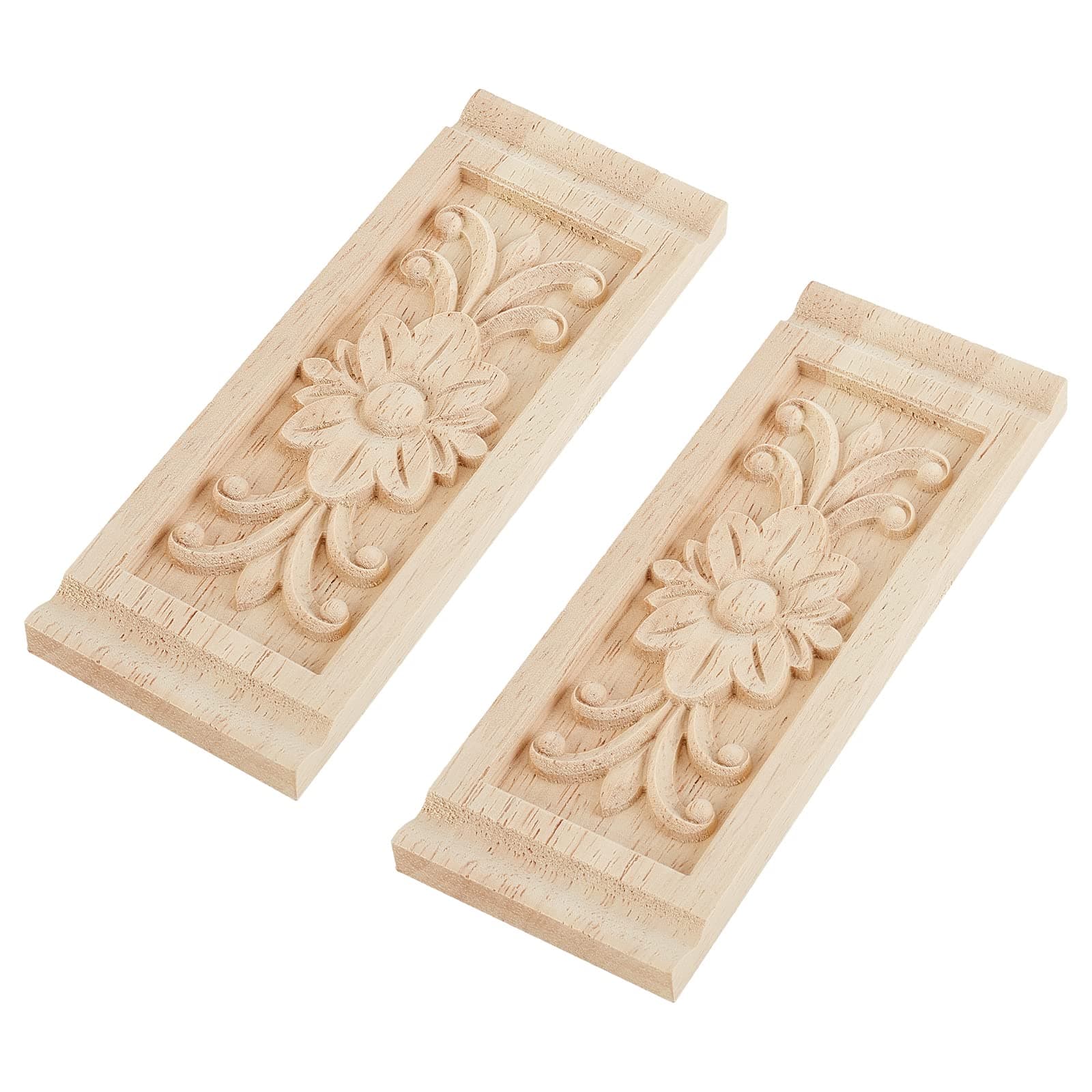 SUPERFINDINGS 2PCS Rectangle with Flower Wood Carving Decal 6.3x2.4inch Unpainted Home Furniture Applique Decor Natural Solid Wood Carved Onlay for Furniture Door Wall Ornamental