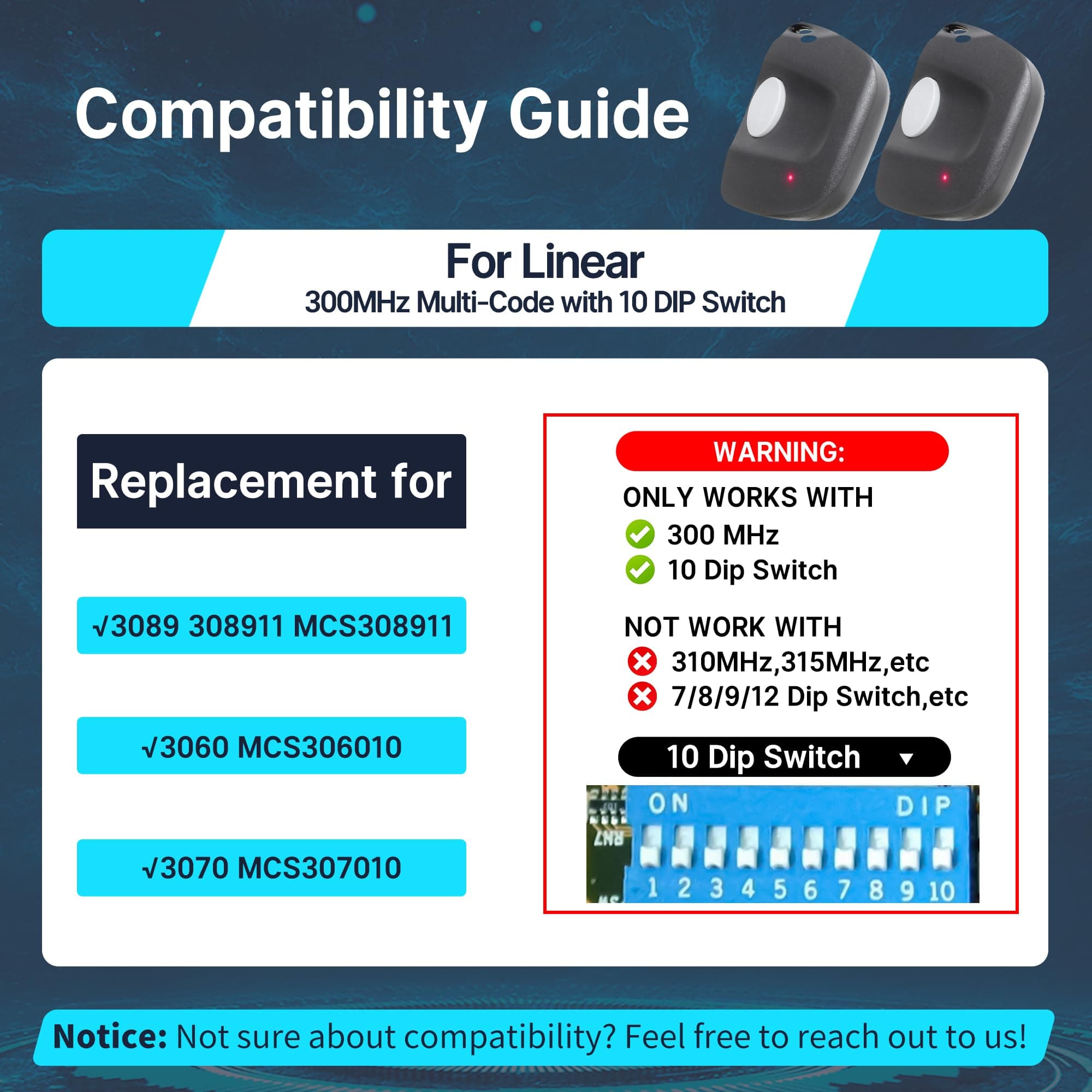 CreaCity 2 for Linear 300 MHz Multi-Code Garage Gate Door Opener Remote Keychain 3089,308911,MCS308911,3060,MCS306010,3070,MCS307010