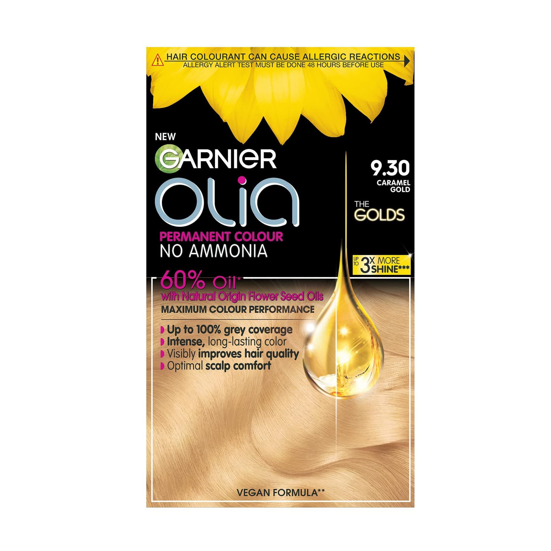 Garnier Olia 9.30 Caramel Gold, oil-powered, no-ammonia. 100% grey coverage. Luminous, long-lasting, vibrant caramel gold hair color with exceptional shine and softness.