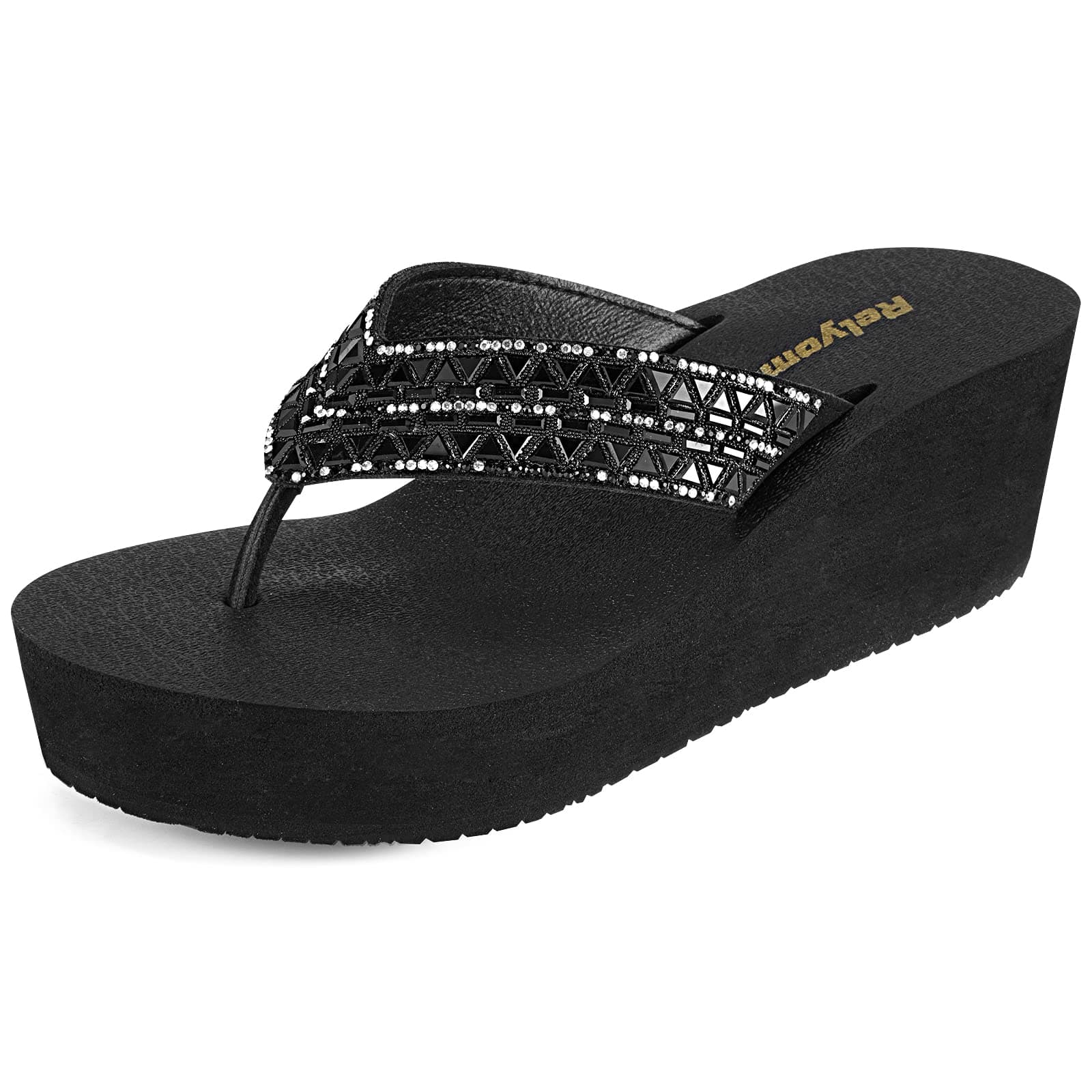 RelyOmeWomen's Rhinestones Glitter Platform Flip Flop Soft Cushion Wedge Flip Flops Bling Dressy Thong Sandals
