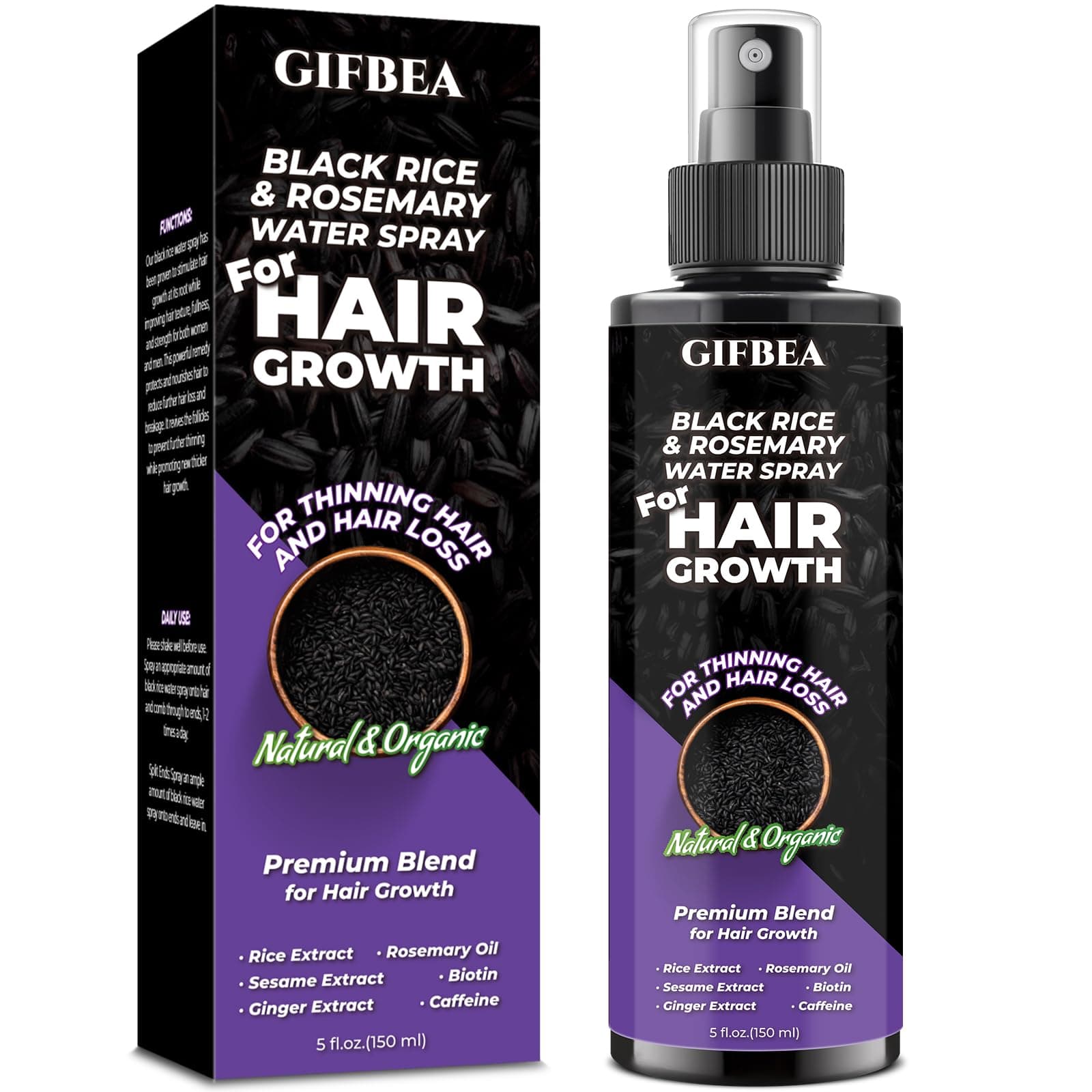 Organic Black Rice Water Hair Growth Serum Spray, 5 Fl Oz, Rosemary Scent, For All Hair Types, With Biotin, Castor Oil, Caffeine, Hair Loss Treatment