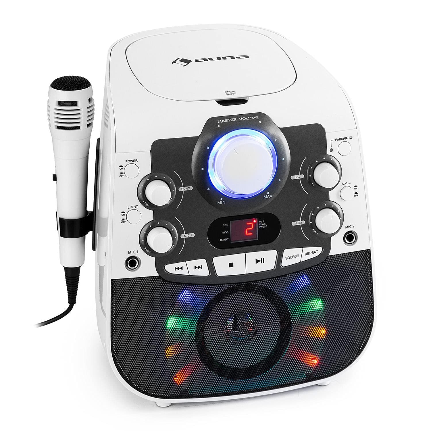 auna StarMaker 2.0 Karaoke System - Karaoke Machine, Bluetooth Function, CD Player, Suitable for CD, CD + G, CD-RW, Includes Microphone, 2 Microphone Inputs, LED Show, A/V Output, Colour: White