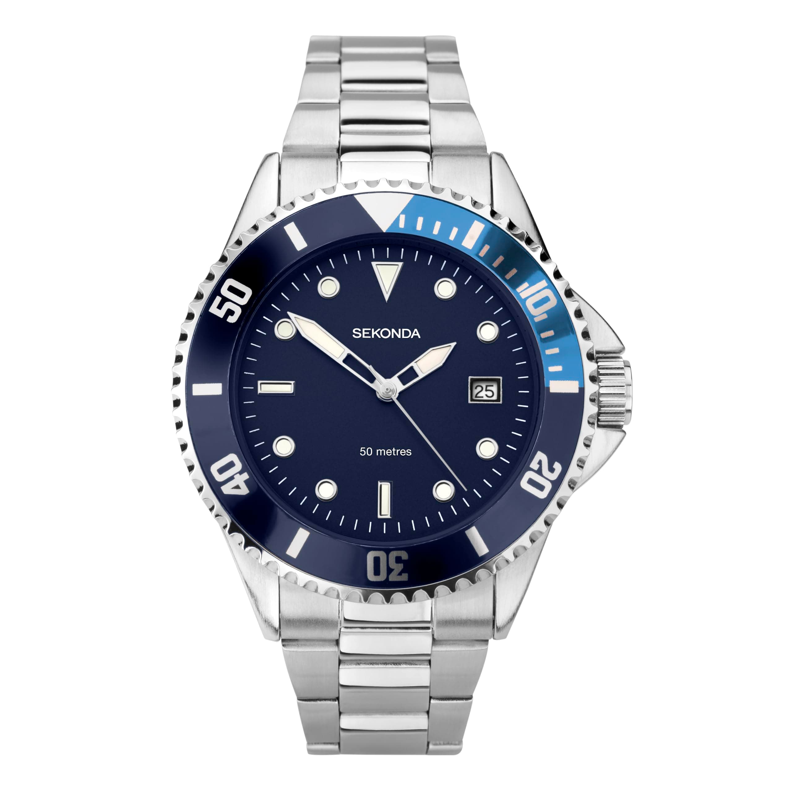 Sekonda Wave Mens 39mm Sports Watch Stainless Steel Bracelet with Date Window 50m Water Resistant Rotating Bezel